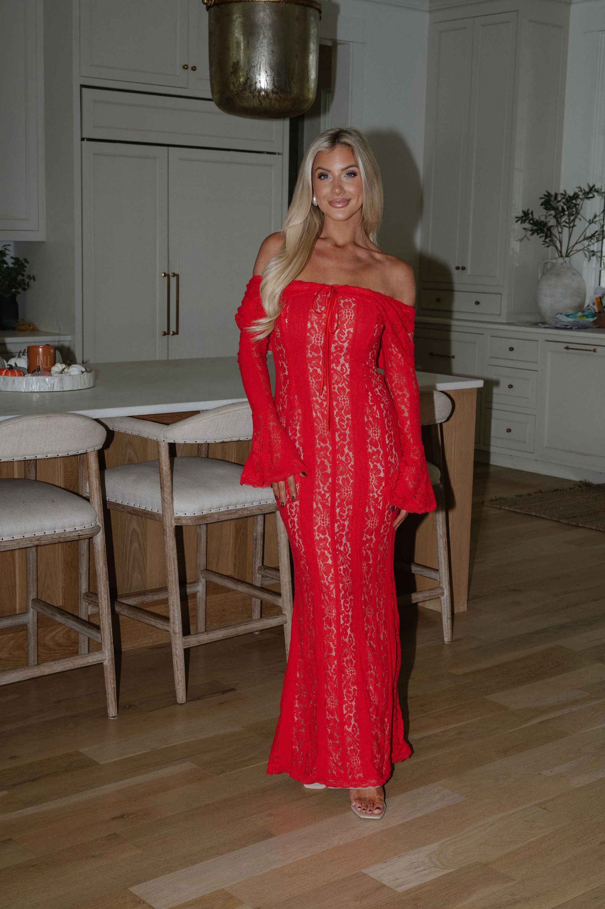 Della Lace Maxi Dress-Red/Nude
