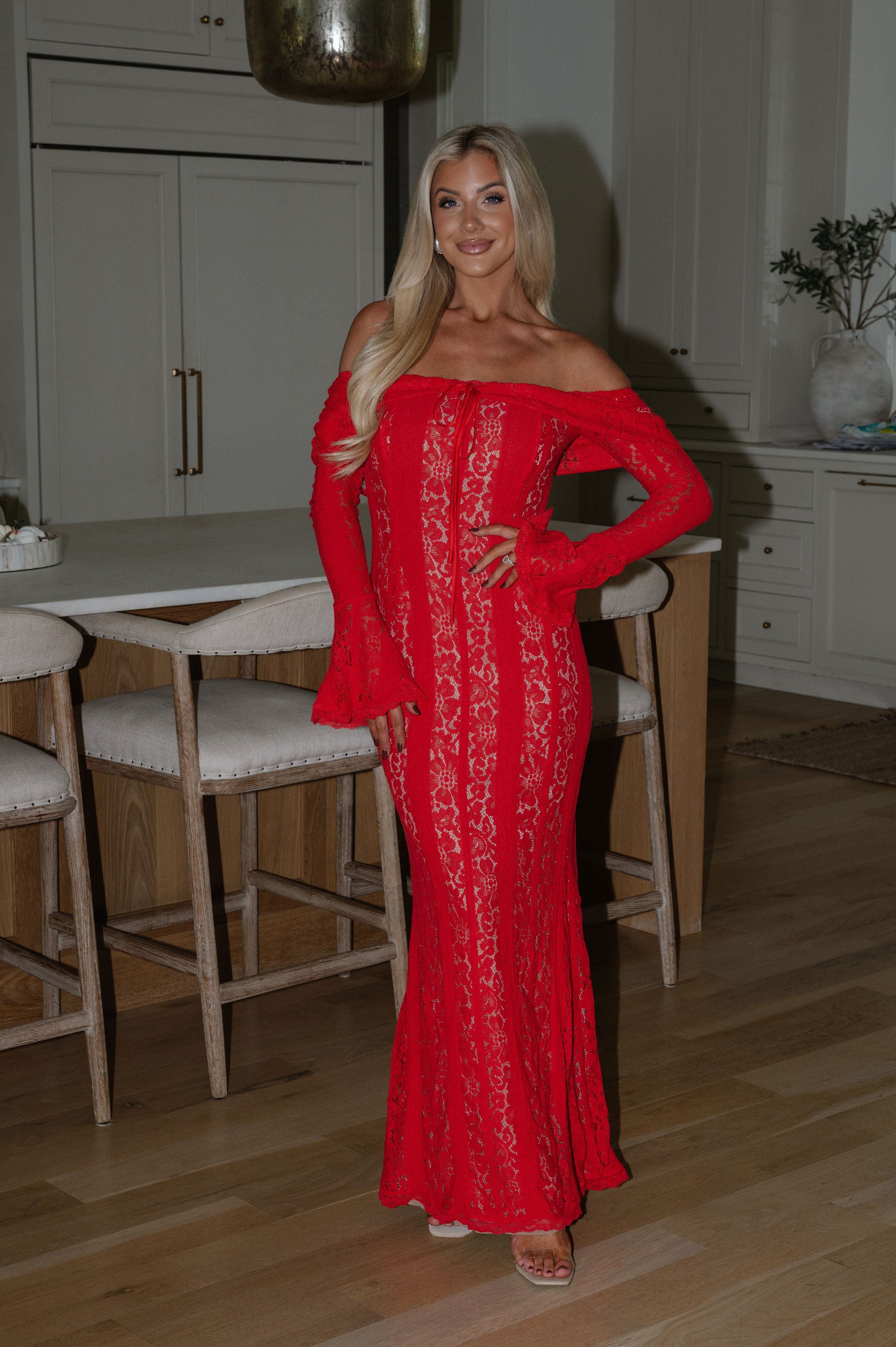 Della Lace Maxi Dress-Red/Nude