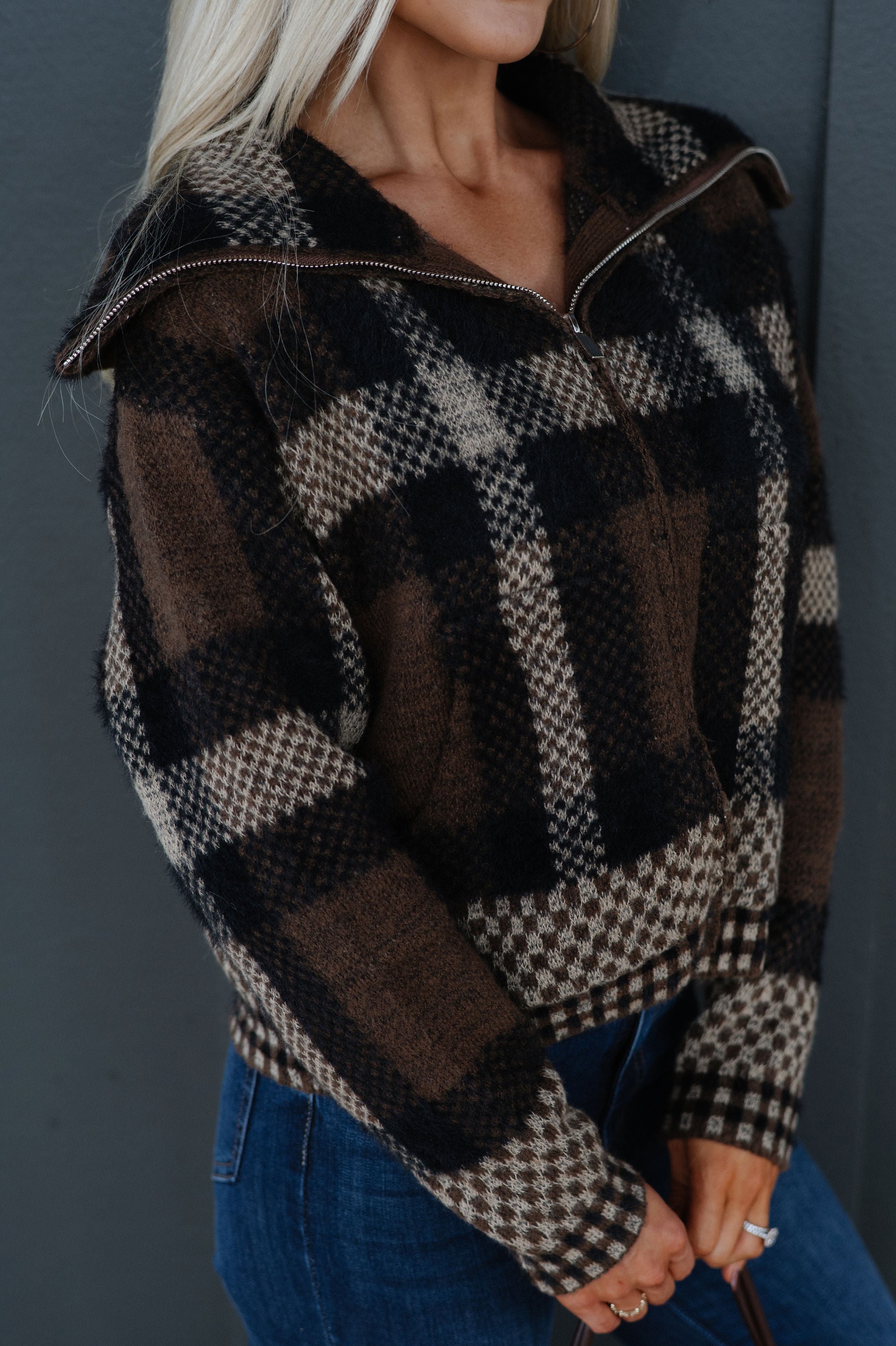 Plaid Knit Jacket-Brown