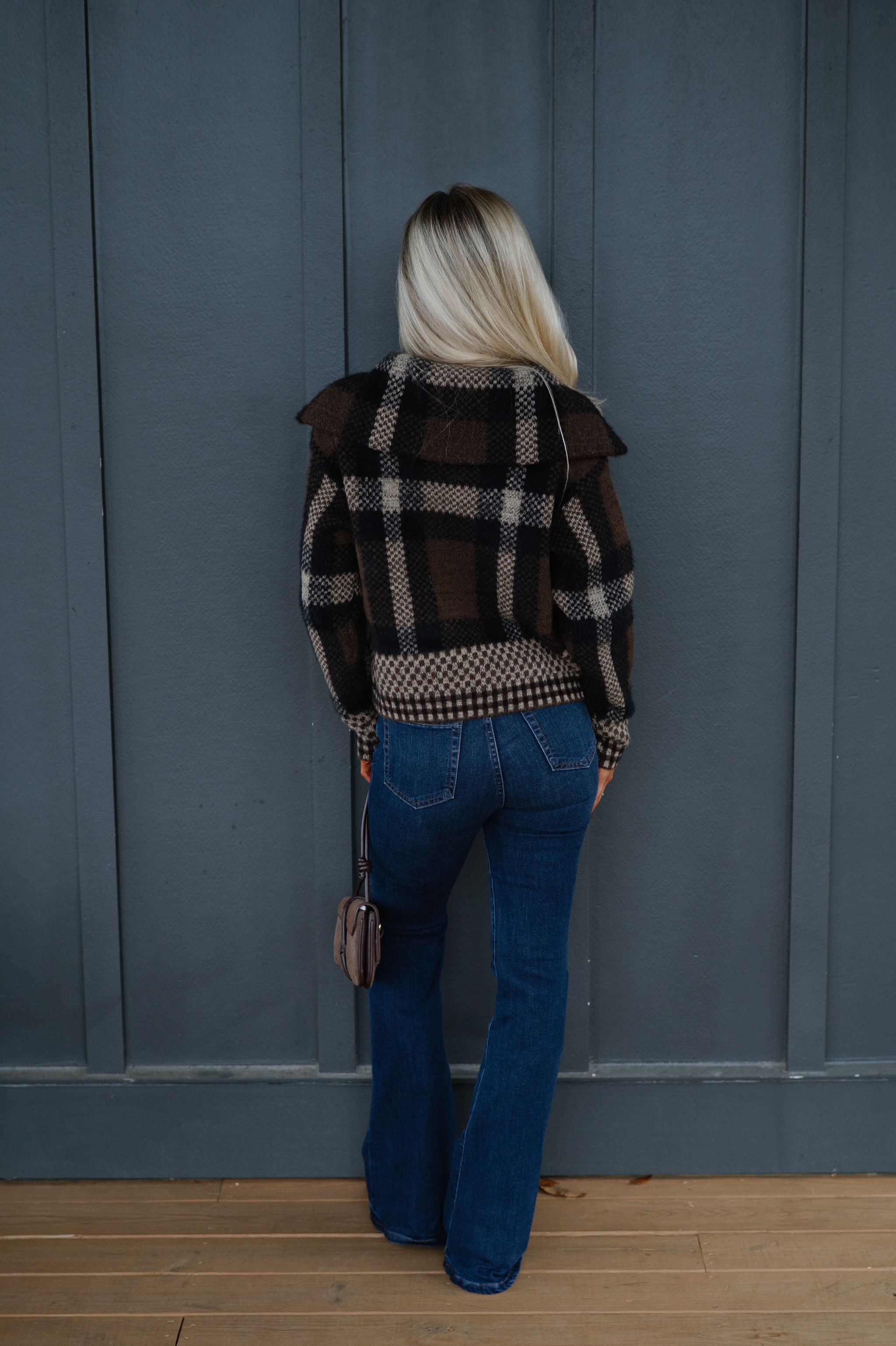 Plaid Knit Jacket-Brown