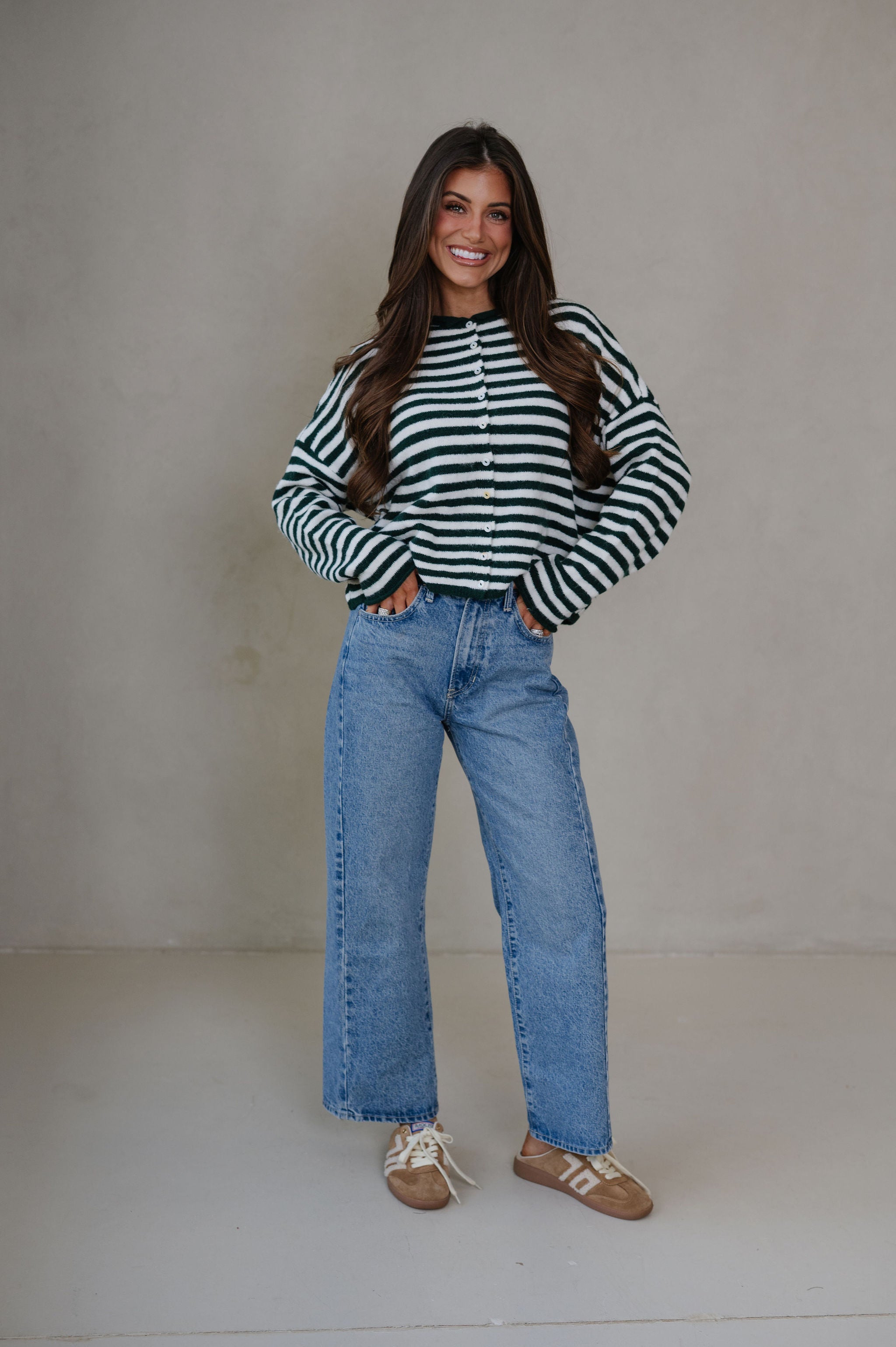 Sony Striped Cardigan-Forest Green