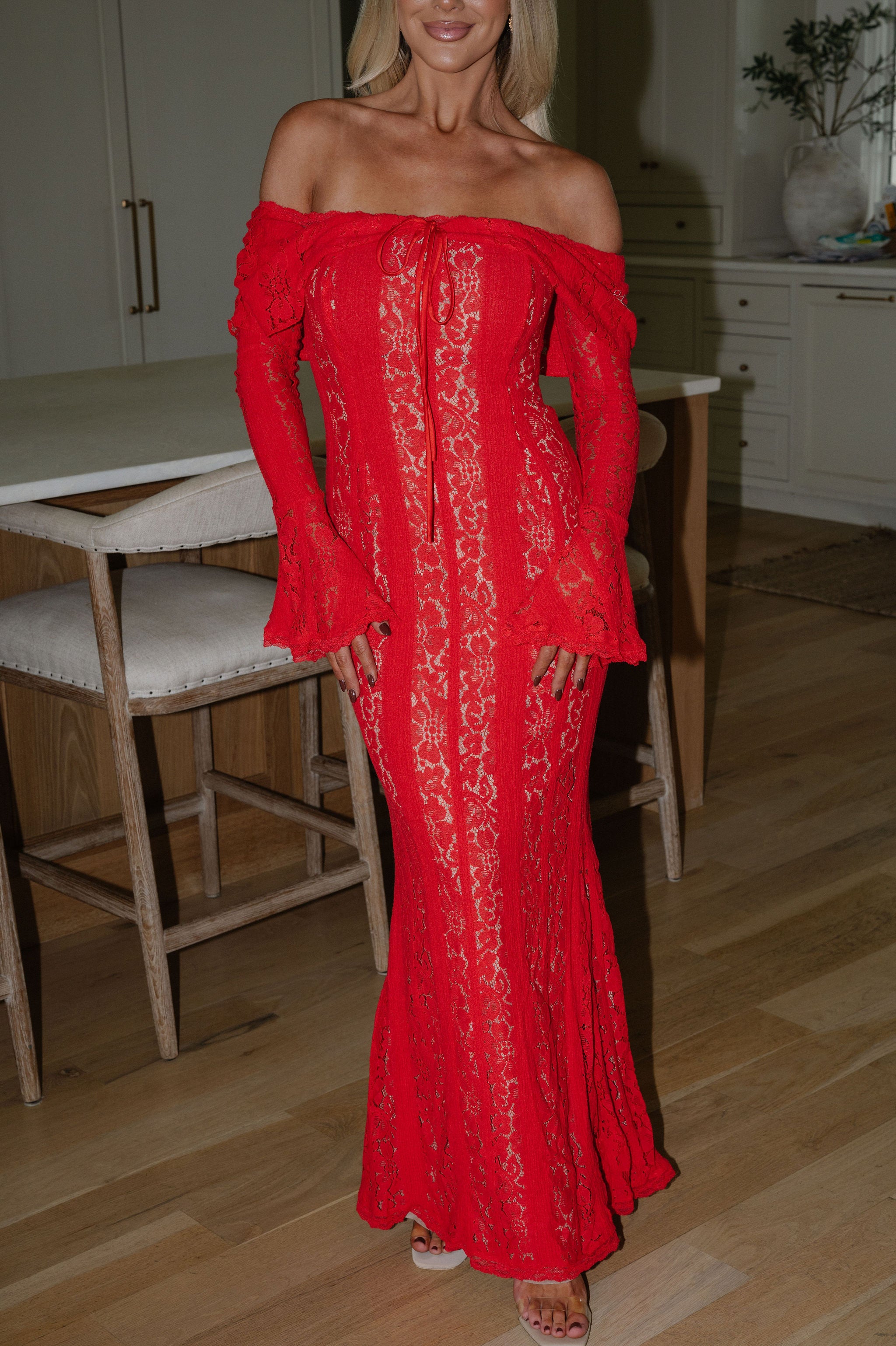 Della Lace Maxi Dress-Red/Nude