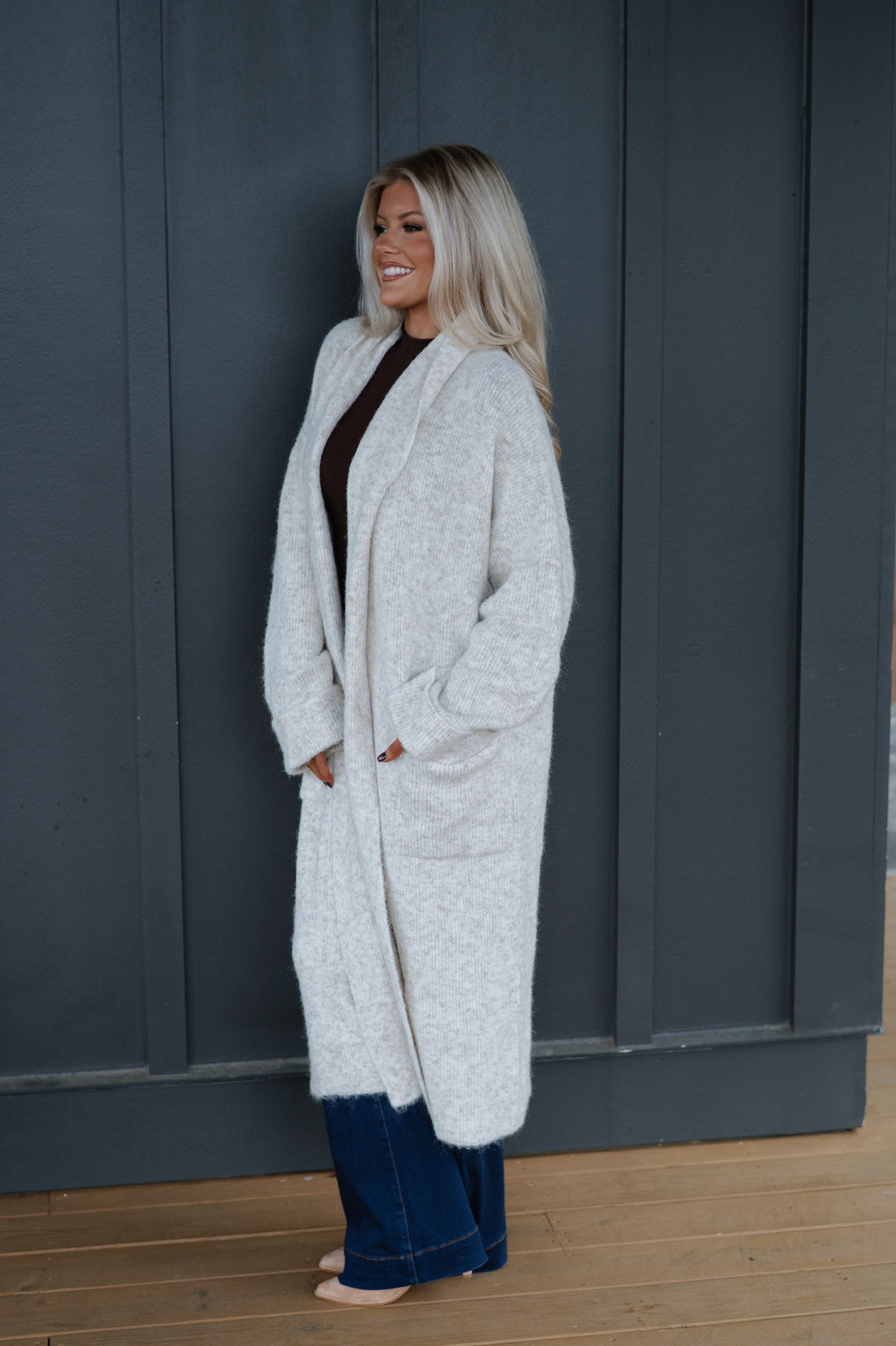 Shawl Collar Open Cardigan-Light Taupe