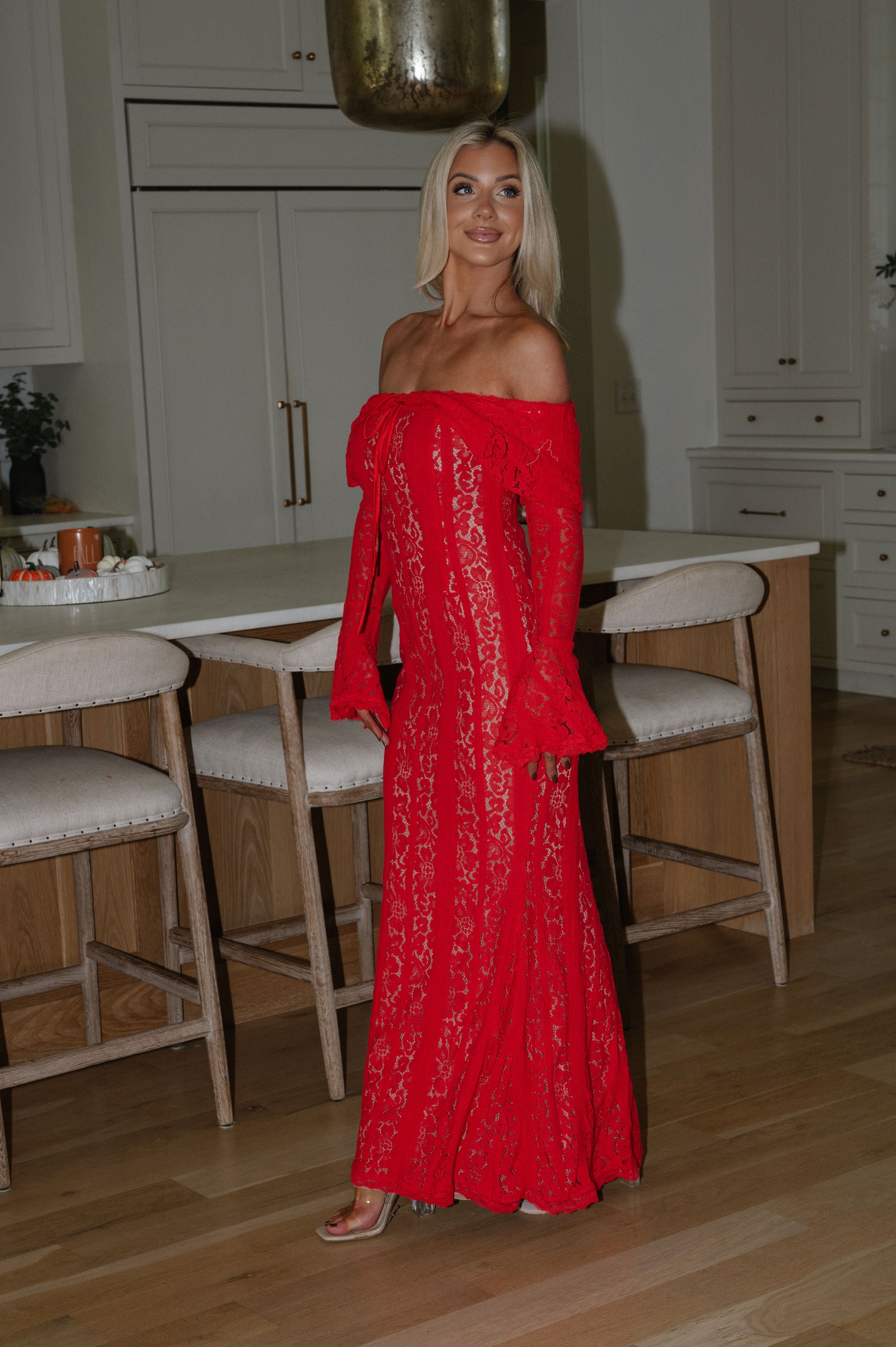 Della Lace Maxi Dress-Red/Nude