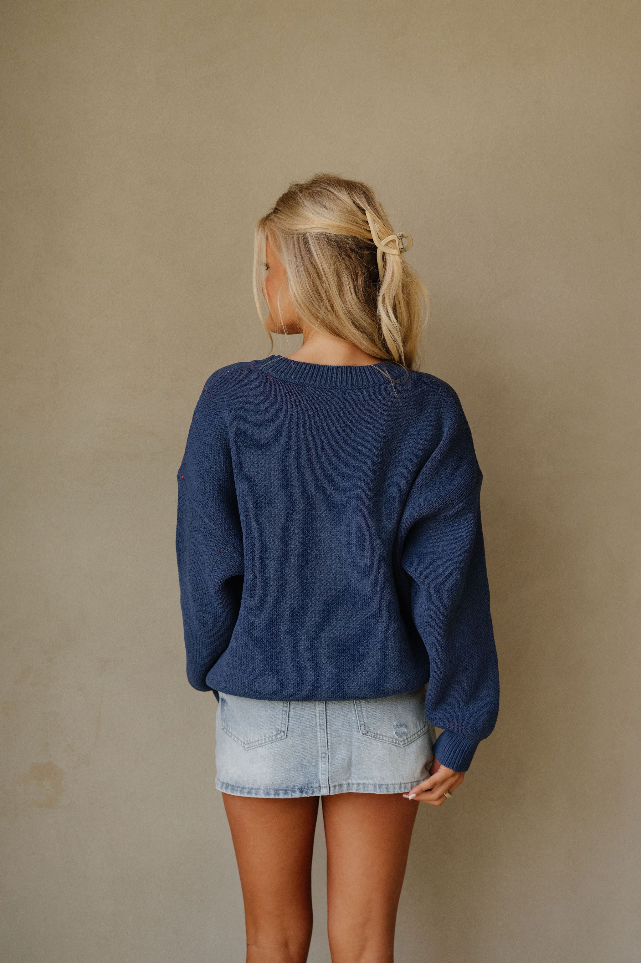 Lobster Knit Round Neck Sweater-Navy