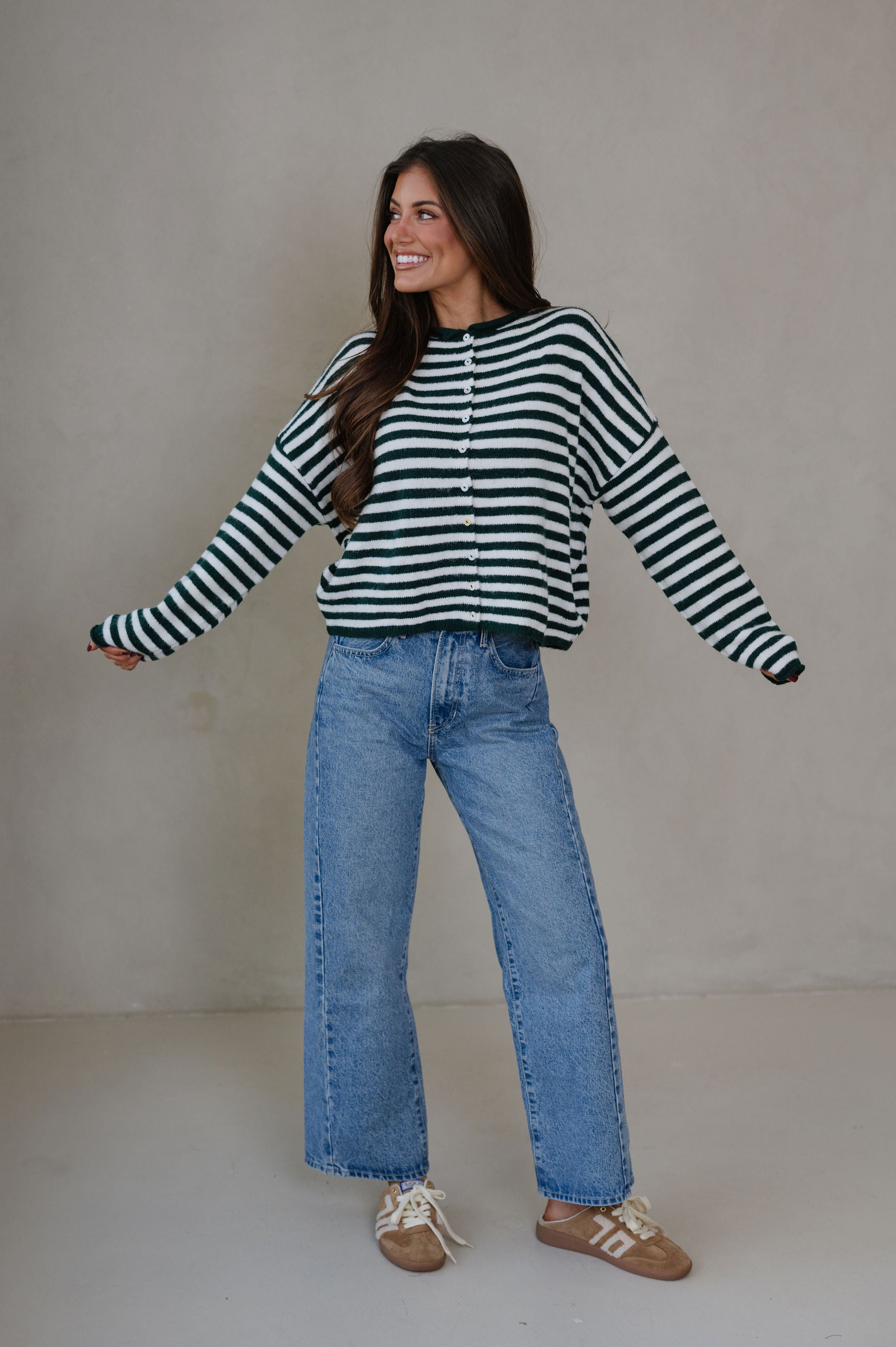 Sony Striped Cardigan-Forest Green