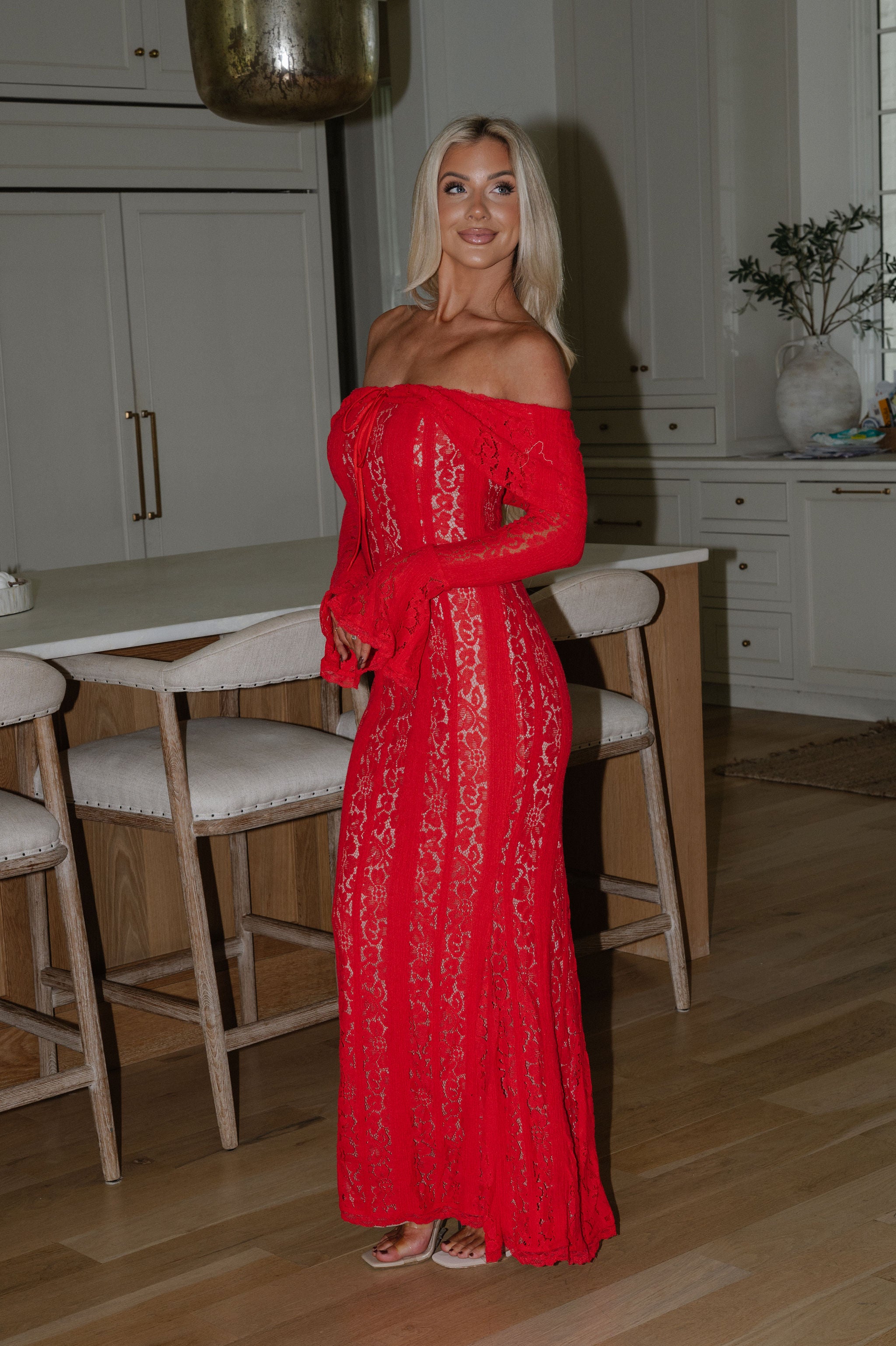 Della Lace Maxi Dress-Red/Nude
