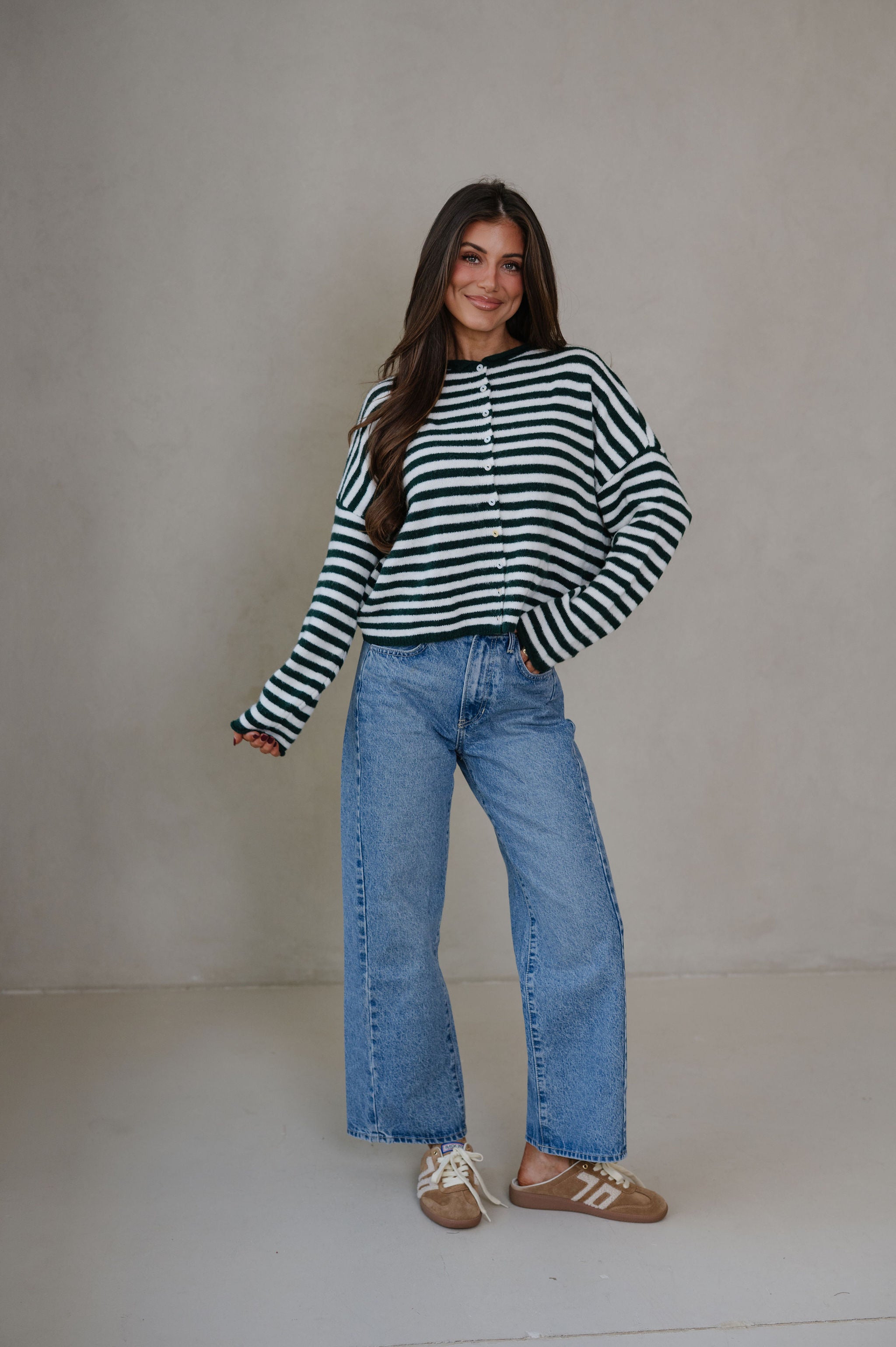 Sony Striped Cardigan-Forest Green