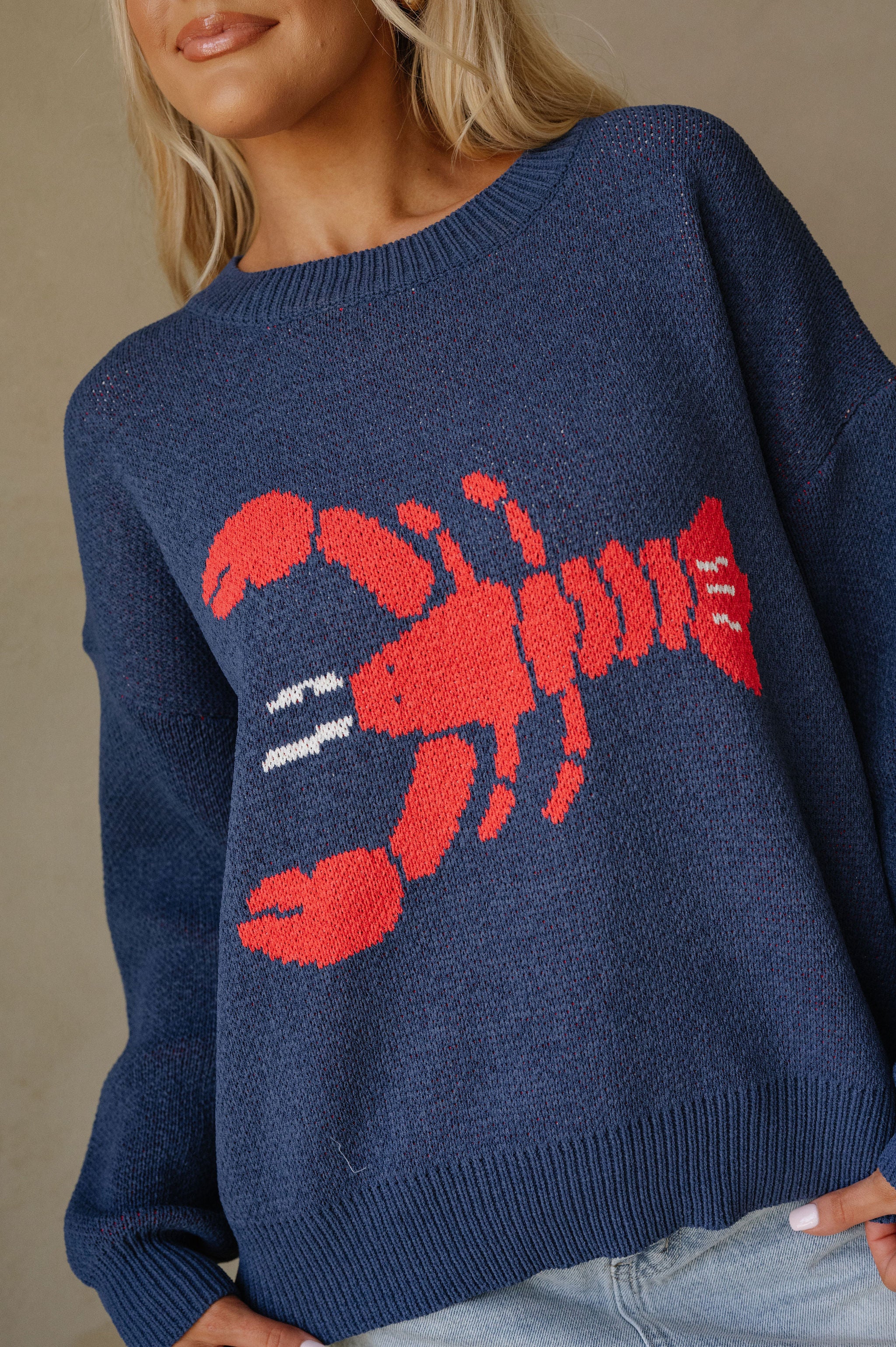 Lobster Knit Round Neck Sweater-Navy