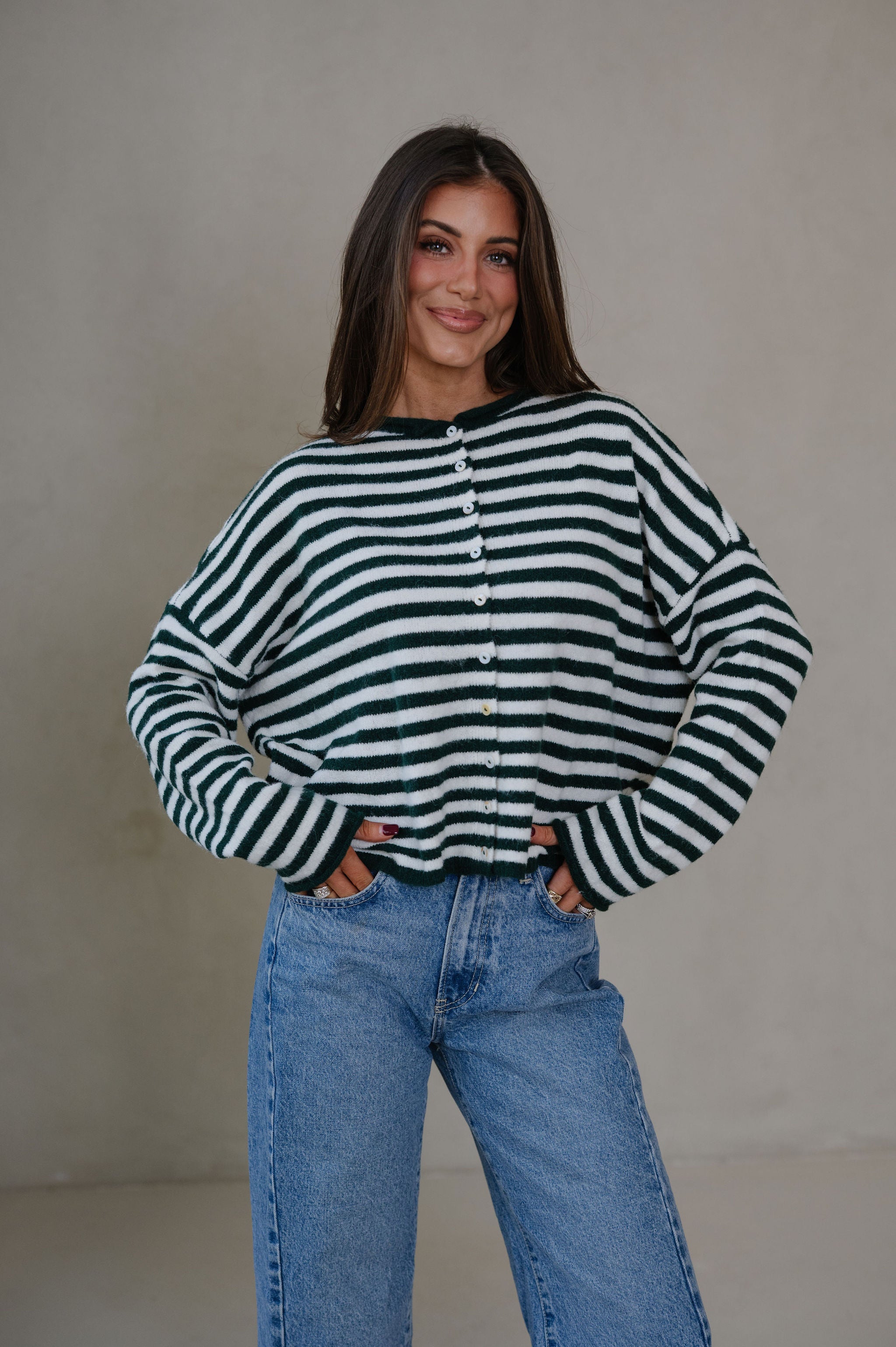 Sony Striped Cardigan-Forest Green