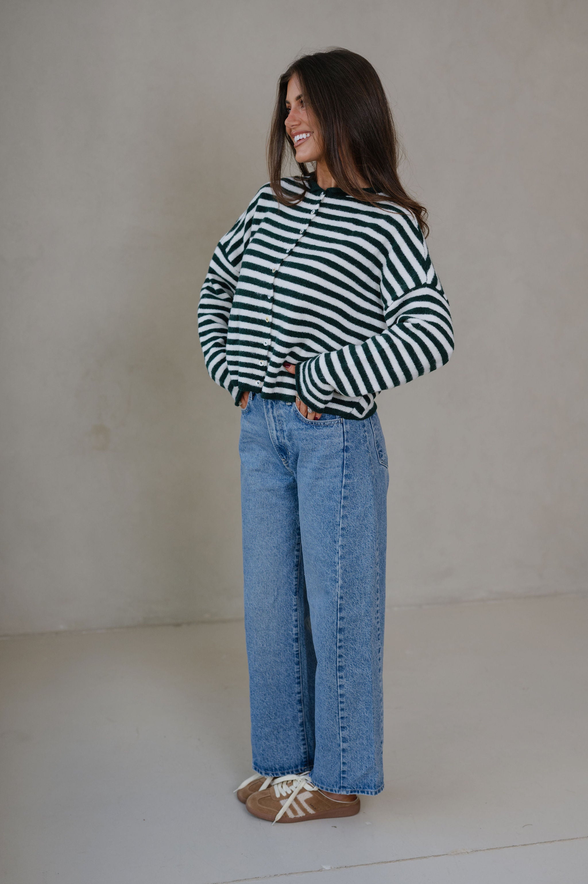 Sony Striped Cardigan-Forest Green