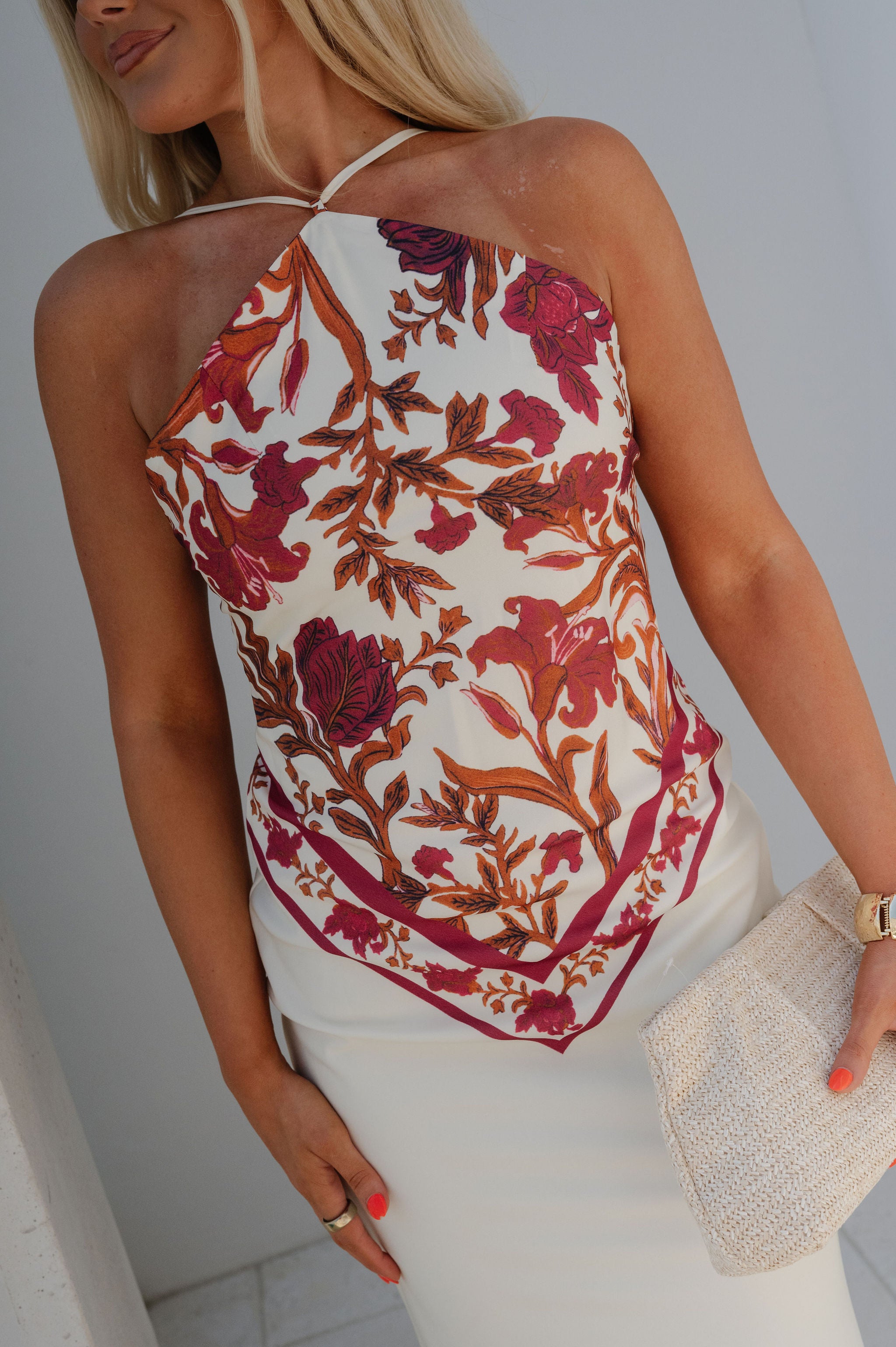 Fuller Halter Maxi Dress-Ivory/Wine