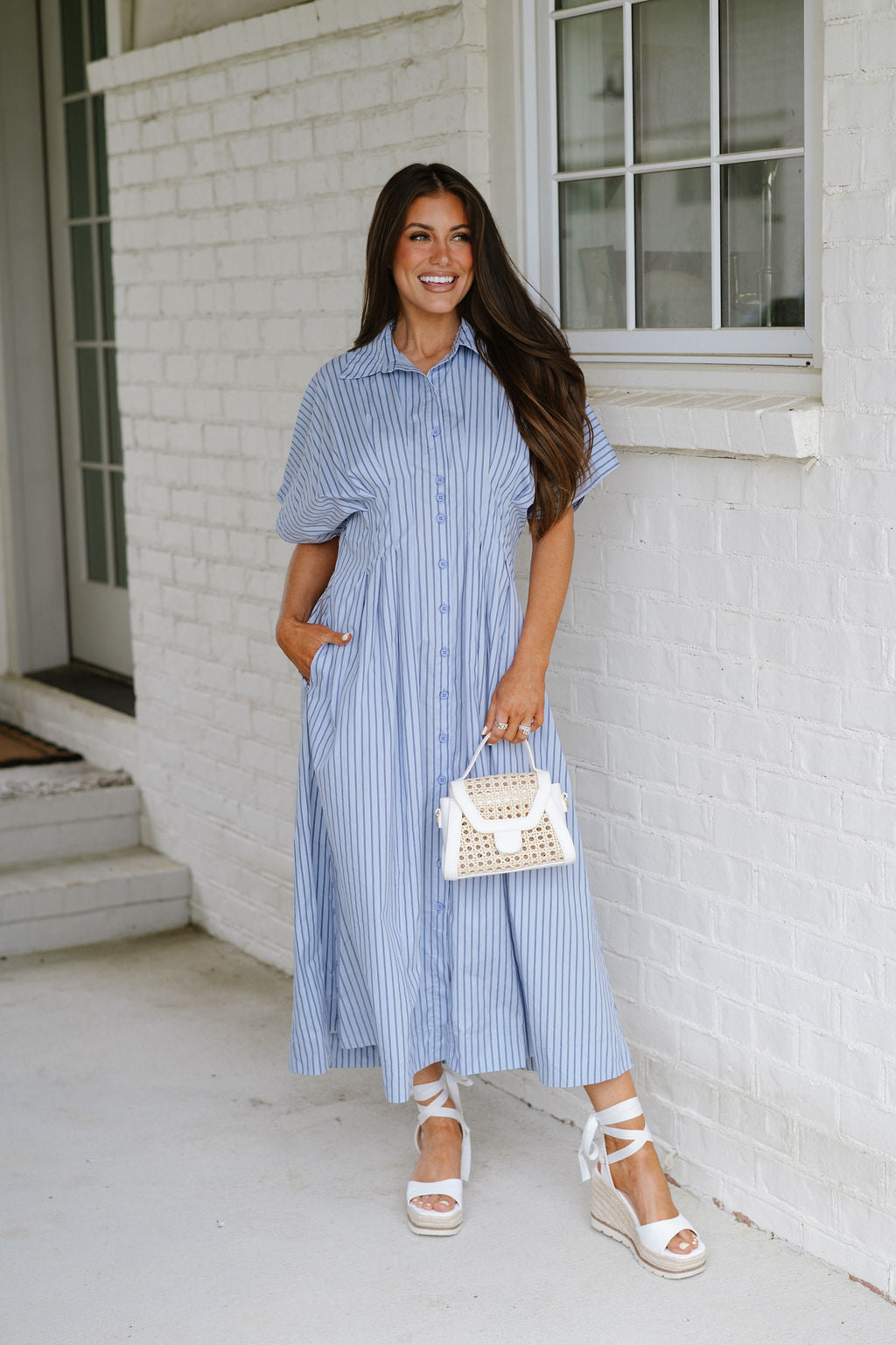 Pin Striped Poplin Midi Shirt Dress
