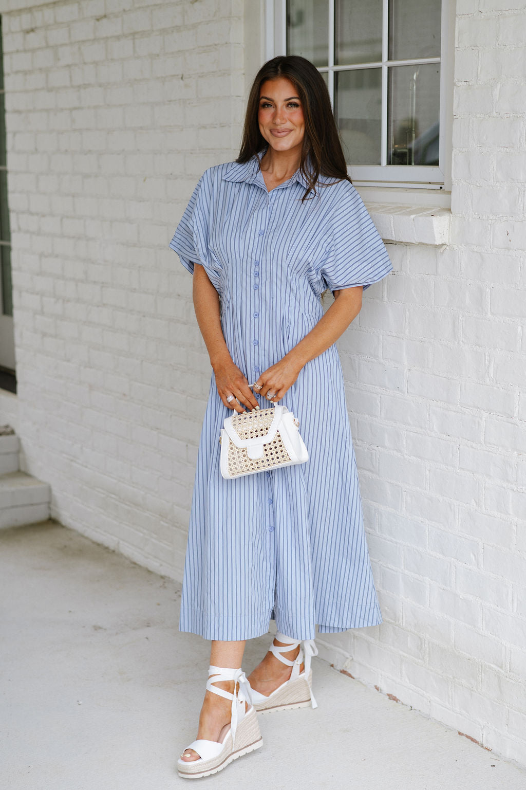 Pin Striped Poplin Midi Shirt Dress