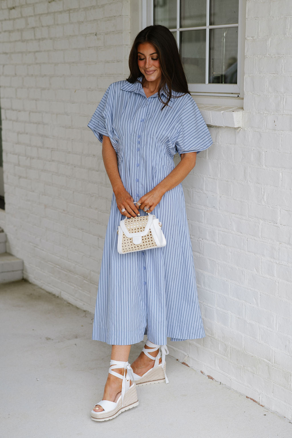 Pin Striped Poplin Midi Shirt Dress