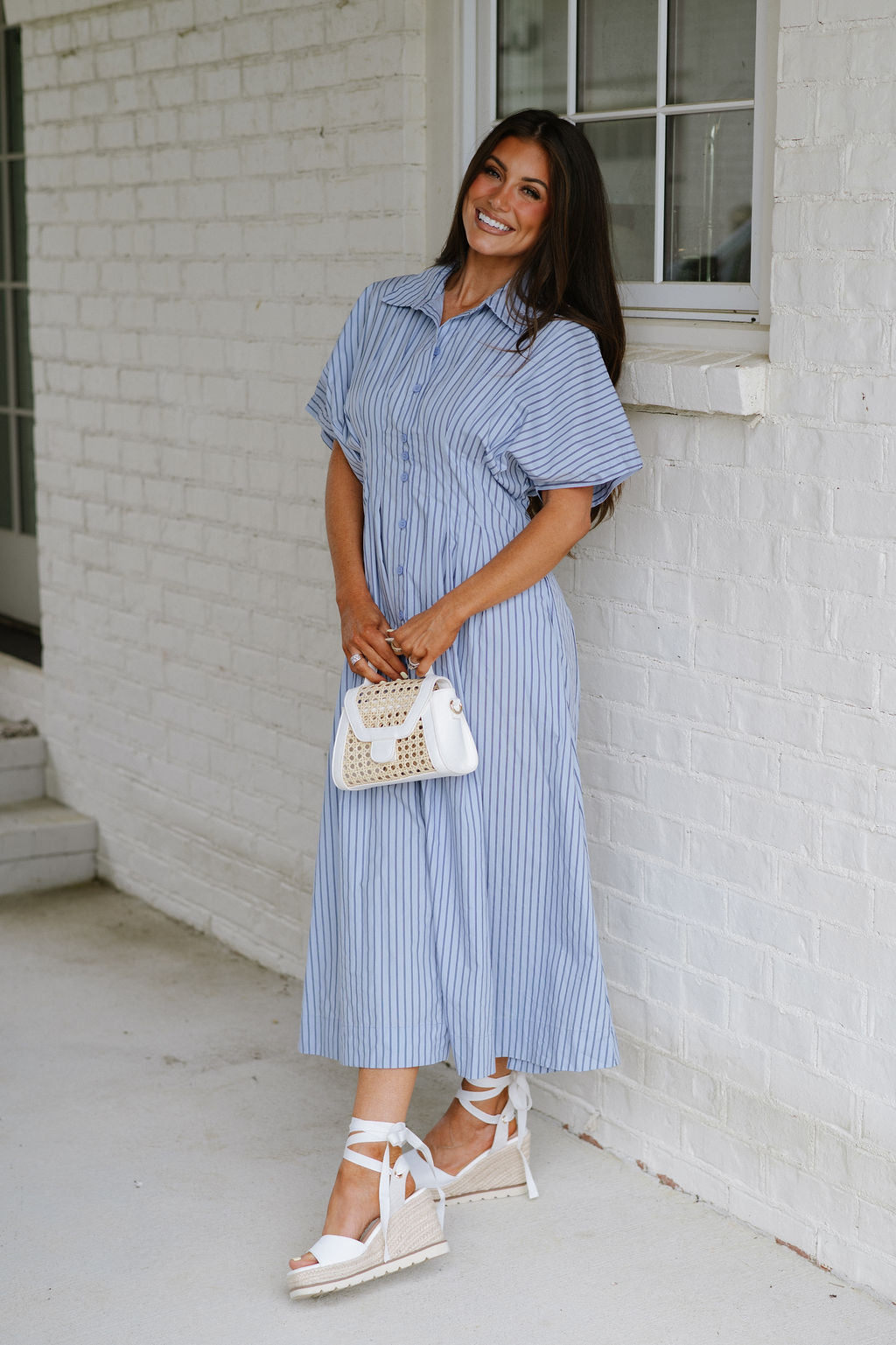 Pin Striped Poplin Midi Shirt Dress