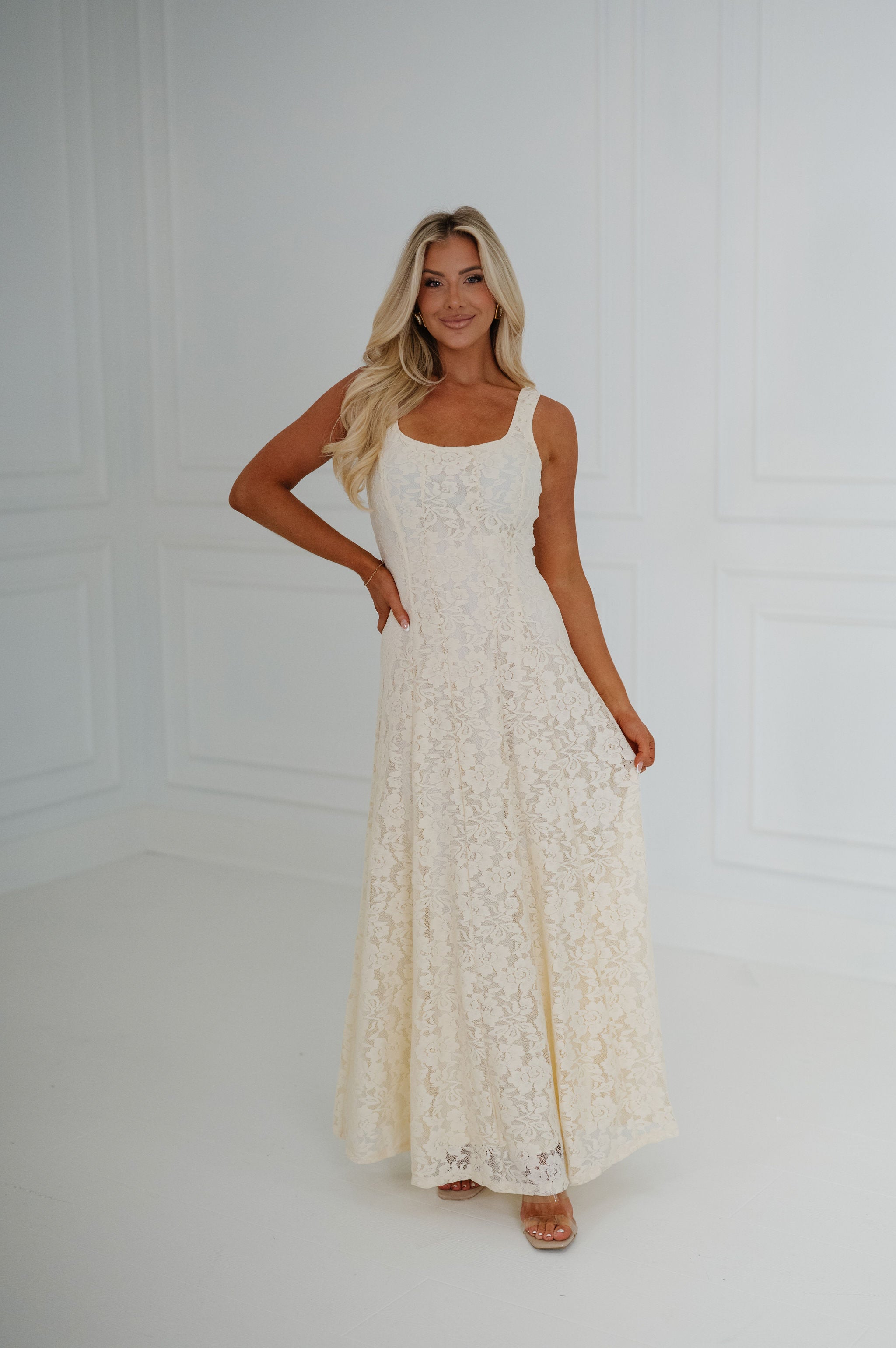 Myla Lace Square Neck Maxi Dress-Cream