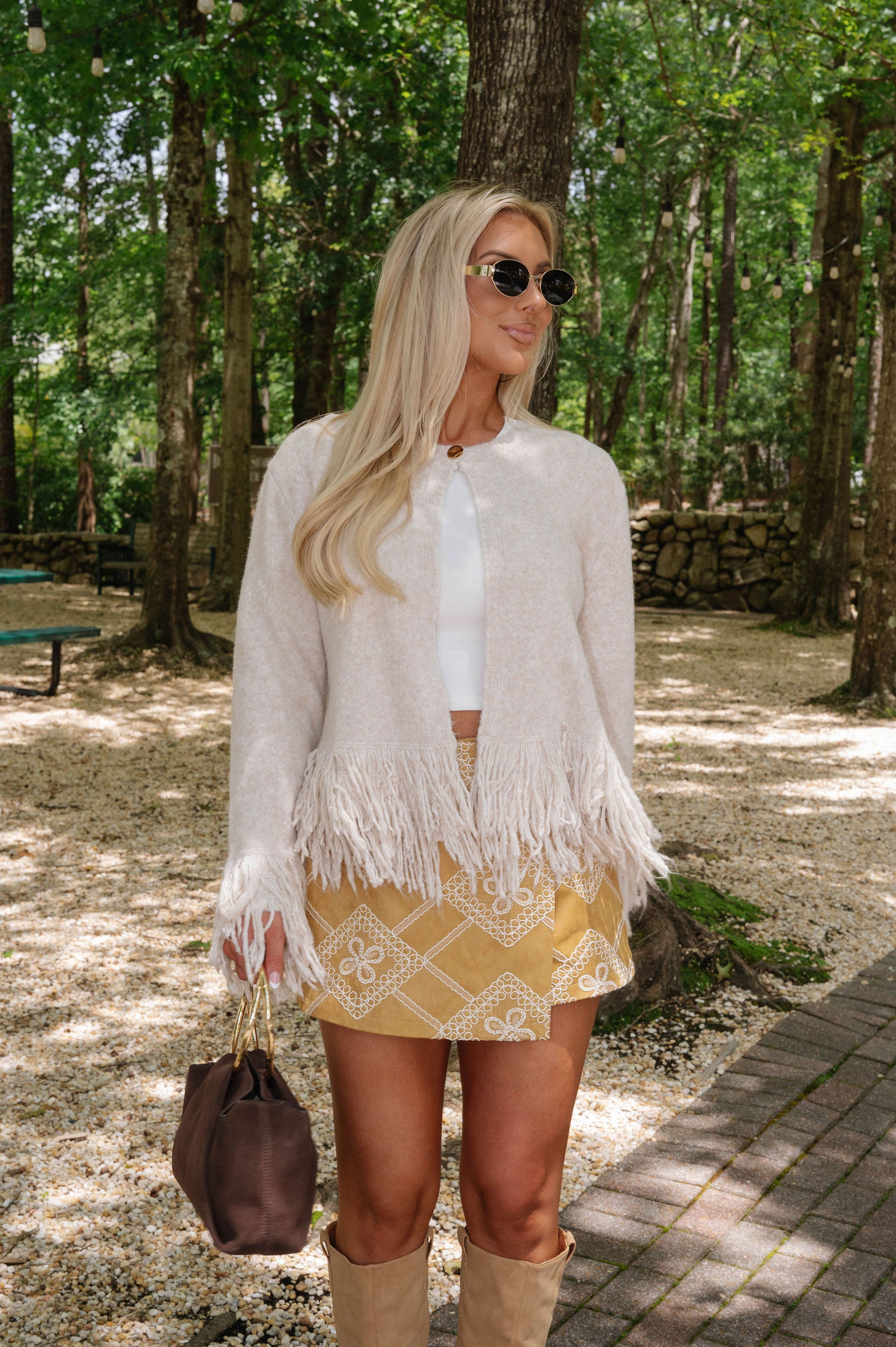 Embroidered Faux Suede Skort-Camel