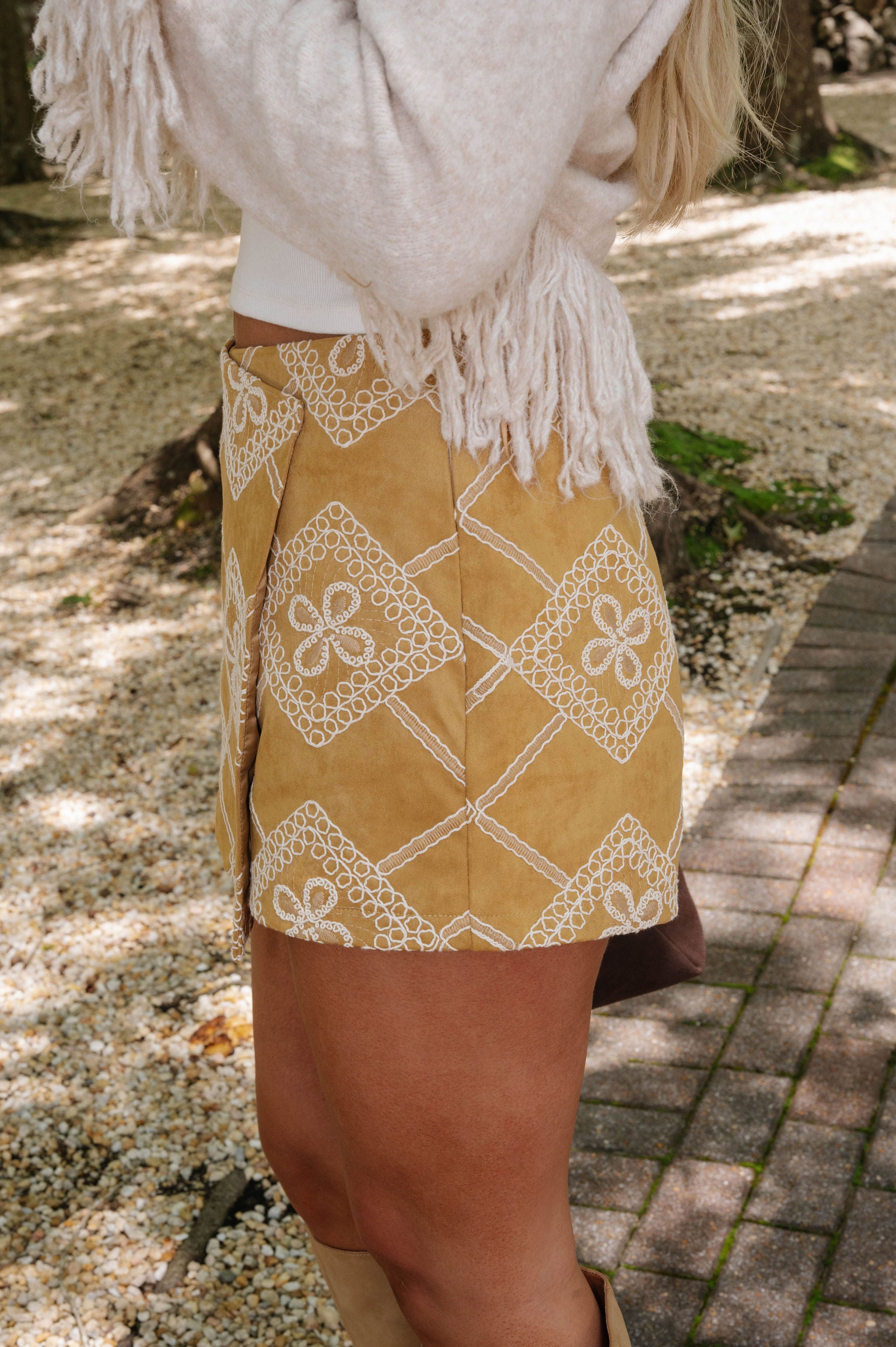 Embroidered Faux Suede Skort-Camel