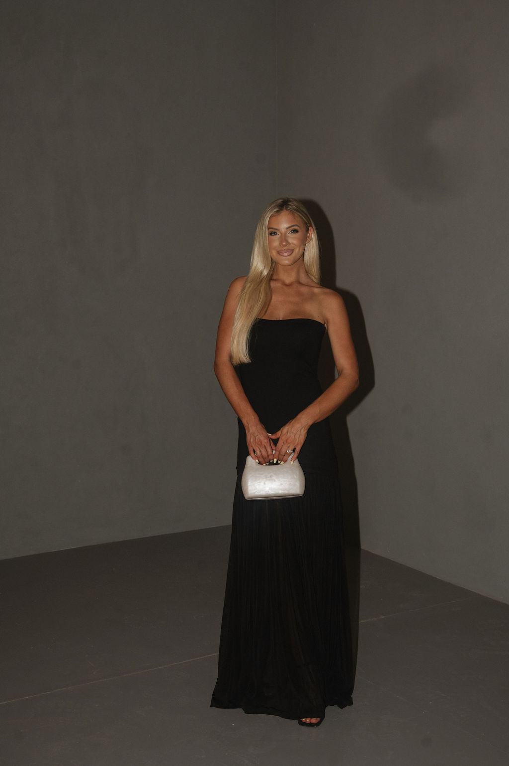 Shirred Chiffon Maxi Dress-Black