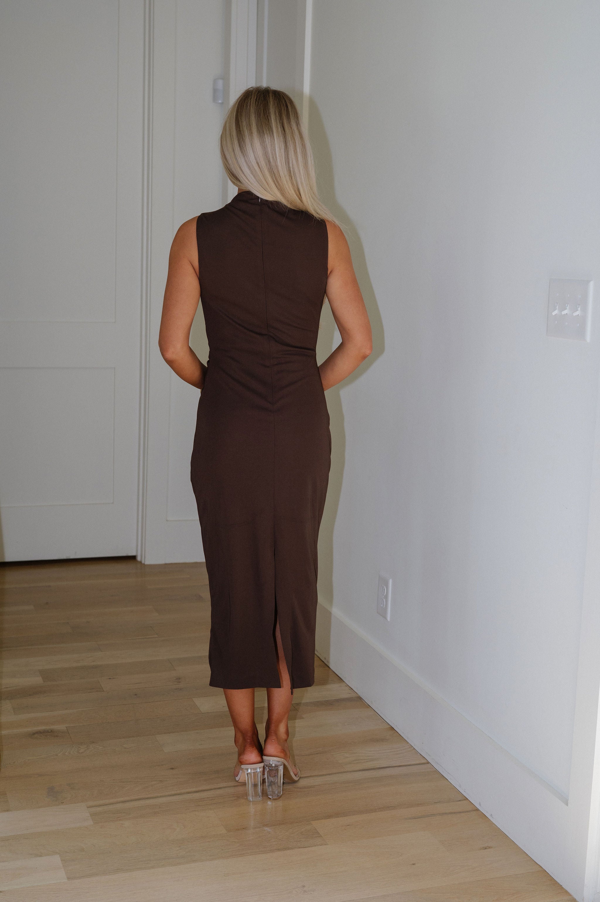 High Neck Draped Midi Dress-Brown