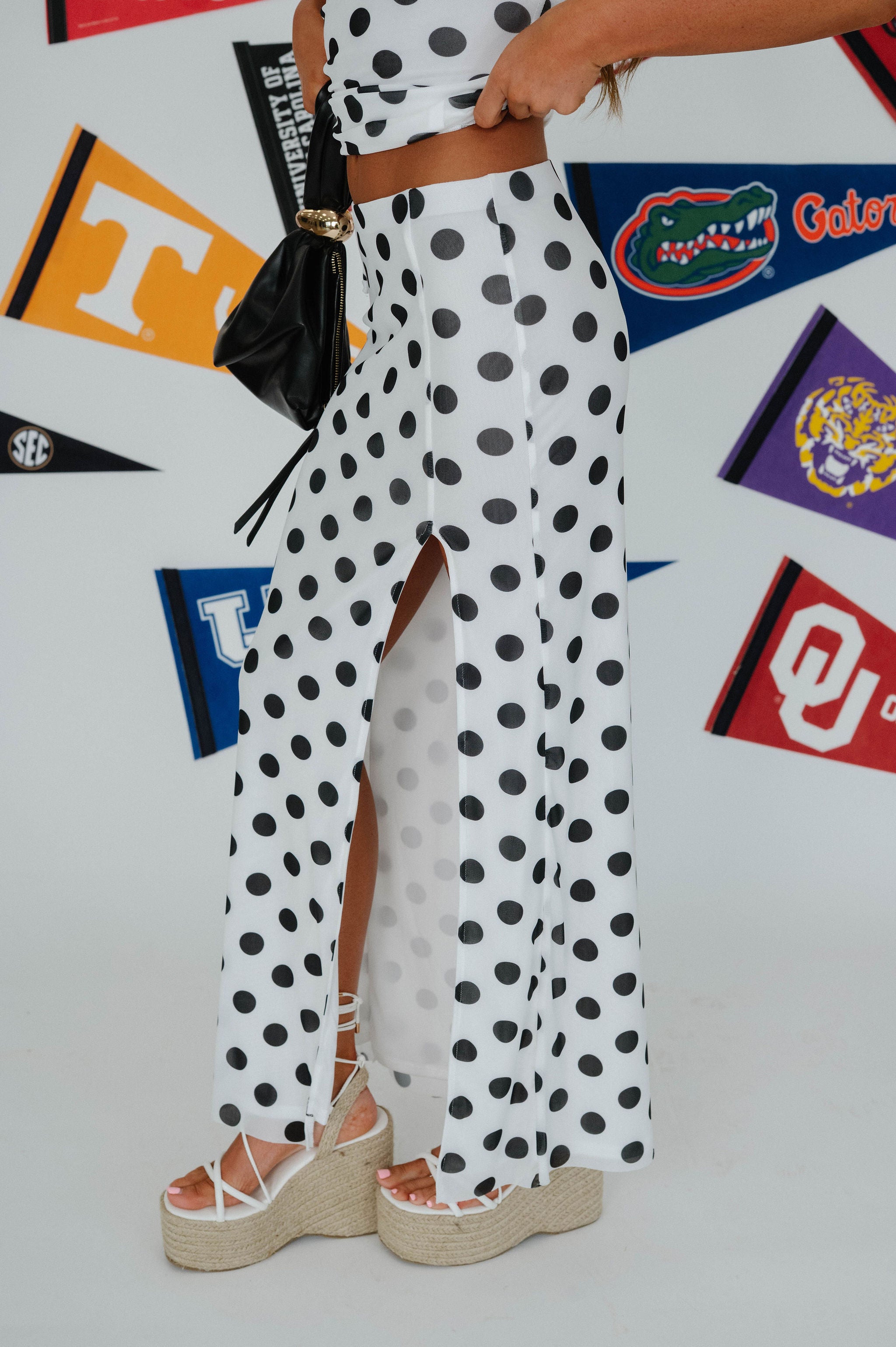Polka Dot Mesh Skirt Set-White/Black