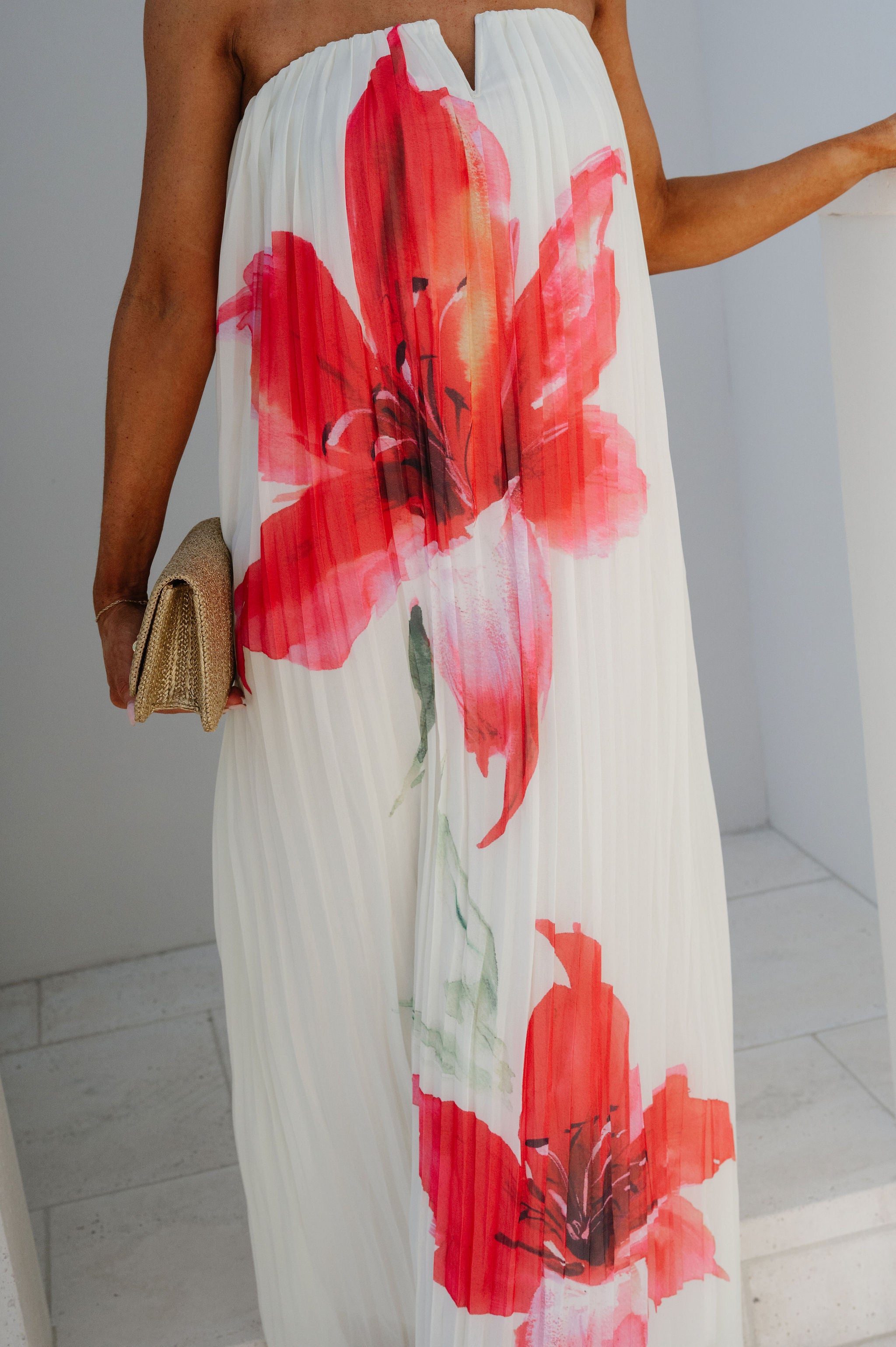 Floral Pleated Strapless Maxi Dress-Cream