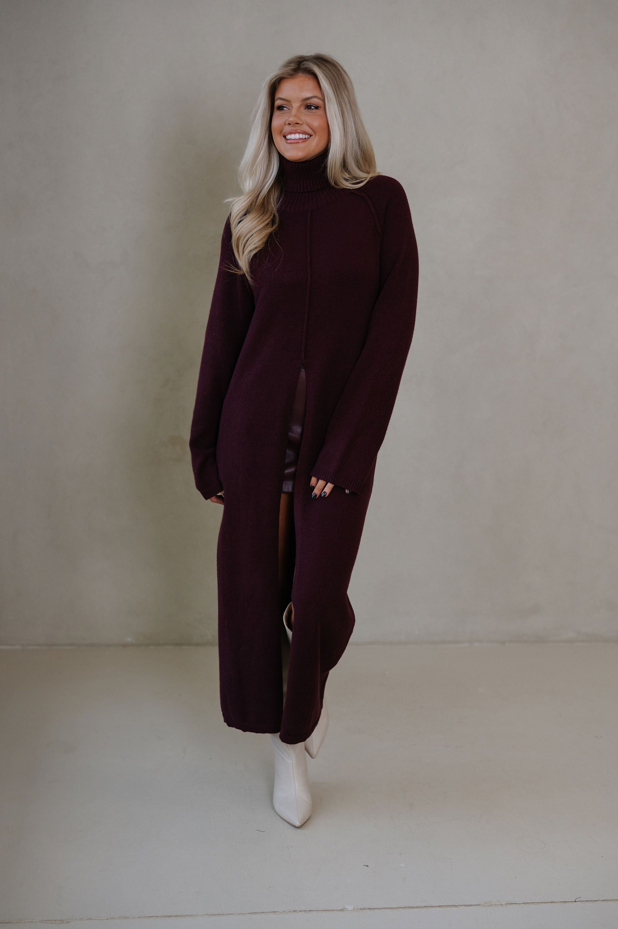 Split Hem Long Sweater-Merlot