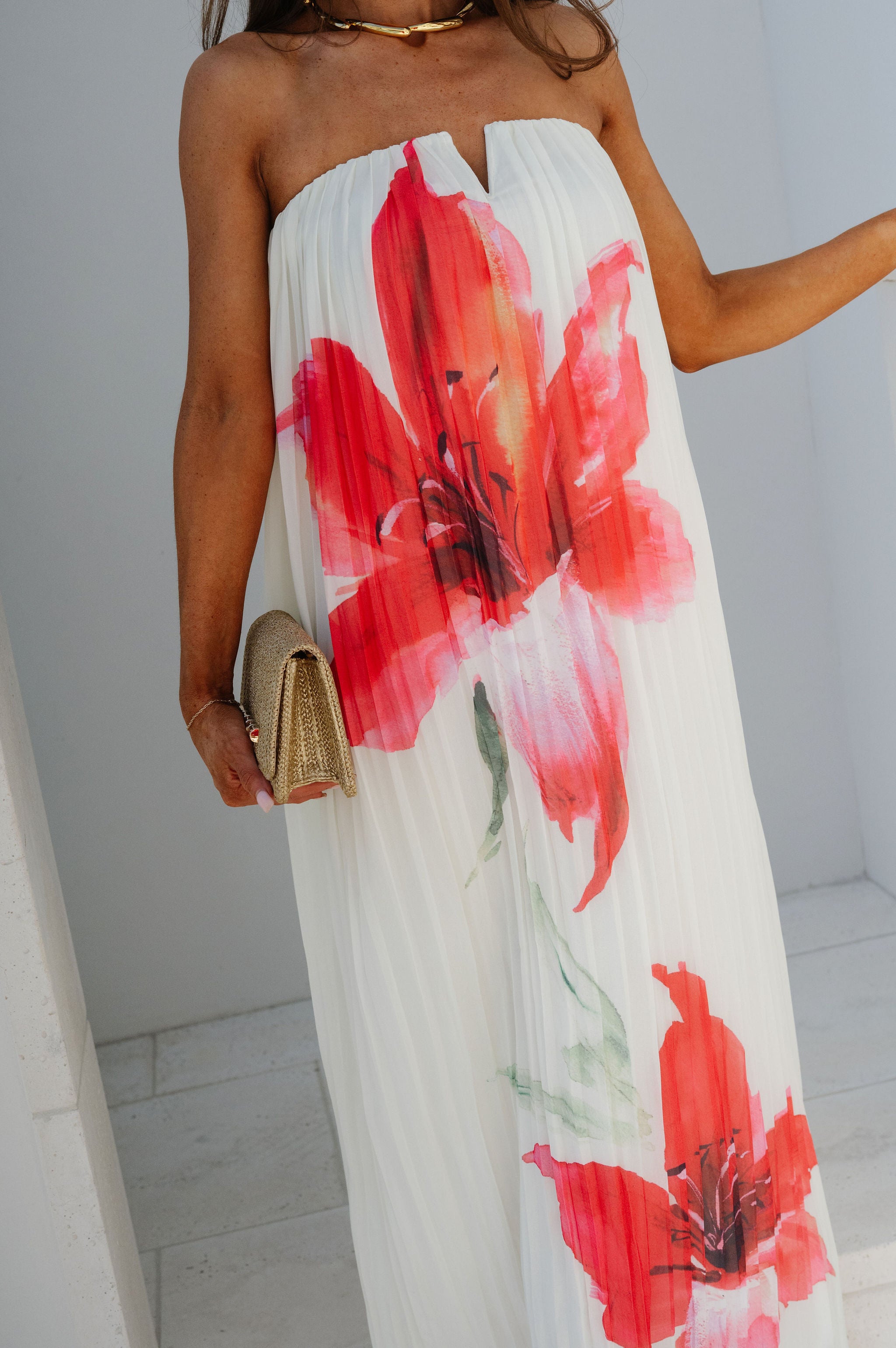 Floral Pleated Strapless Maxi Dress-Cream