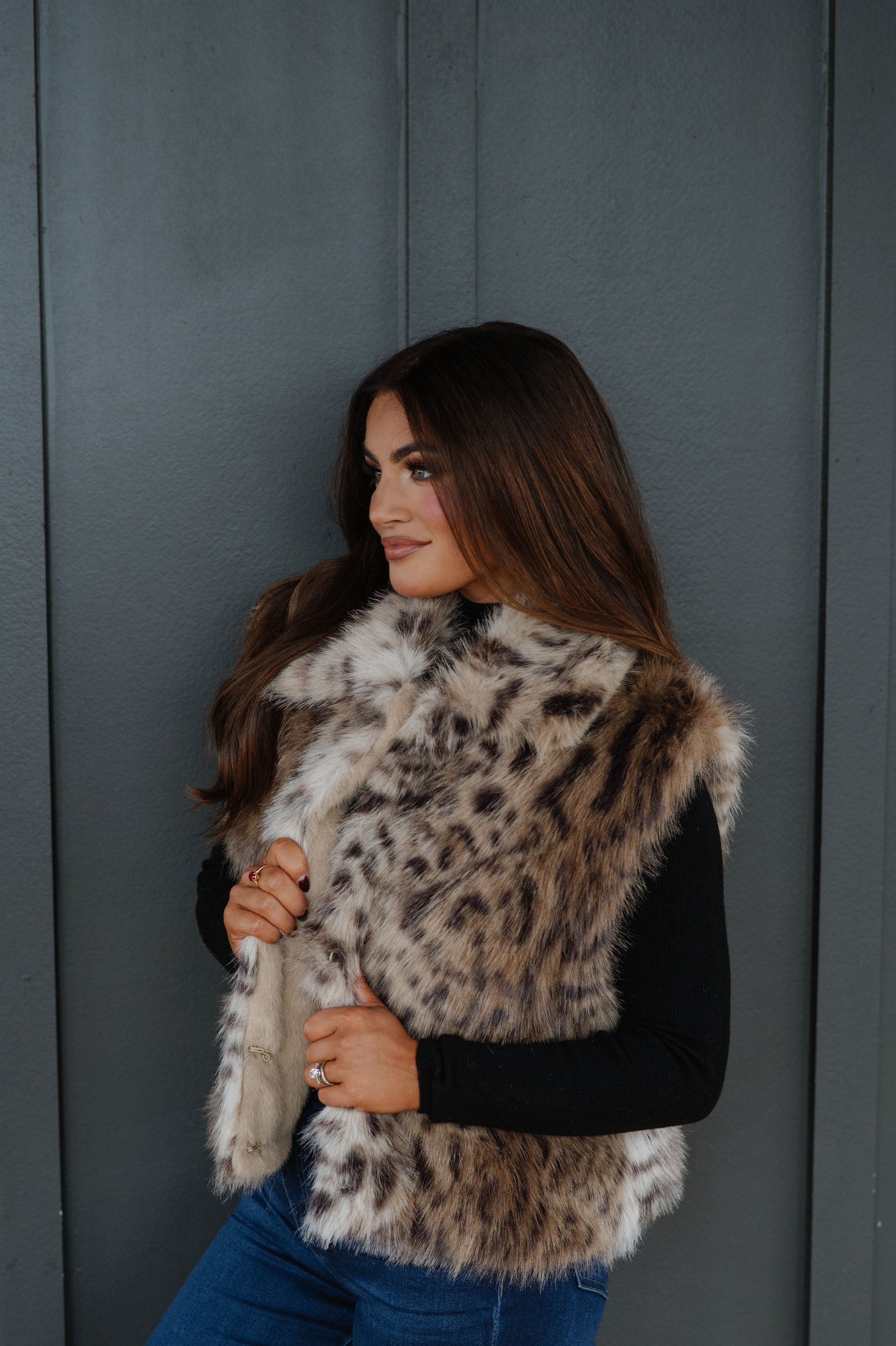 Clements Faux Fur Vest-Taupe/Brown