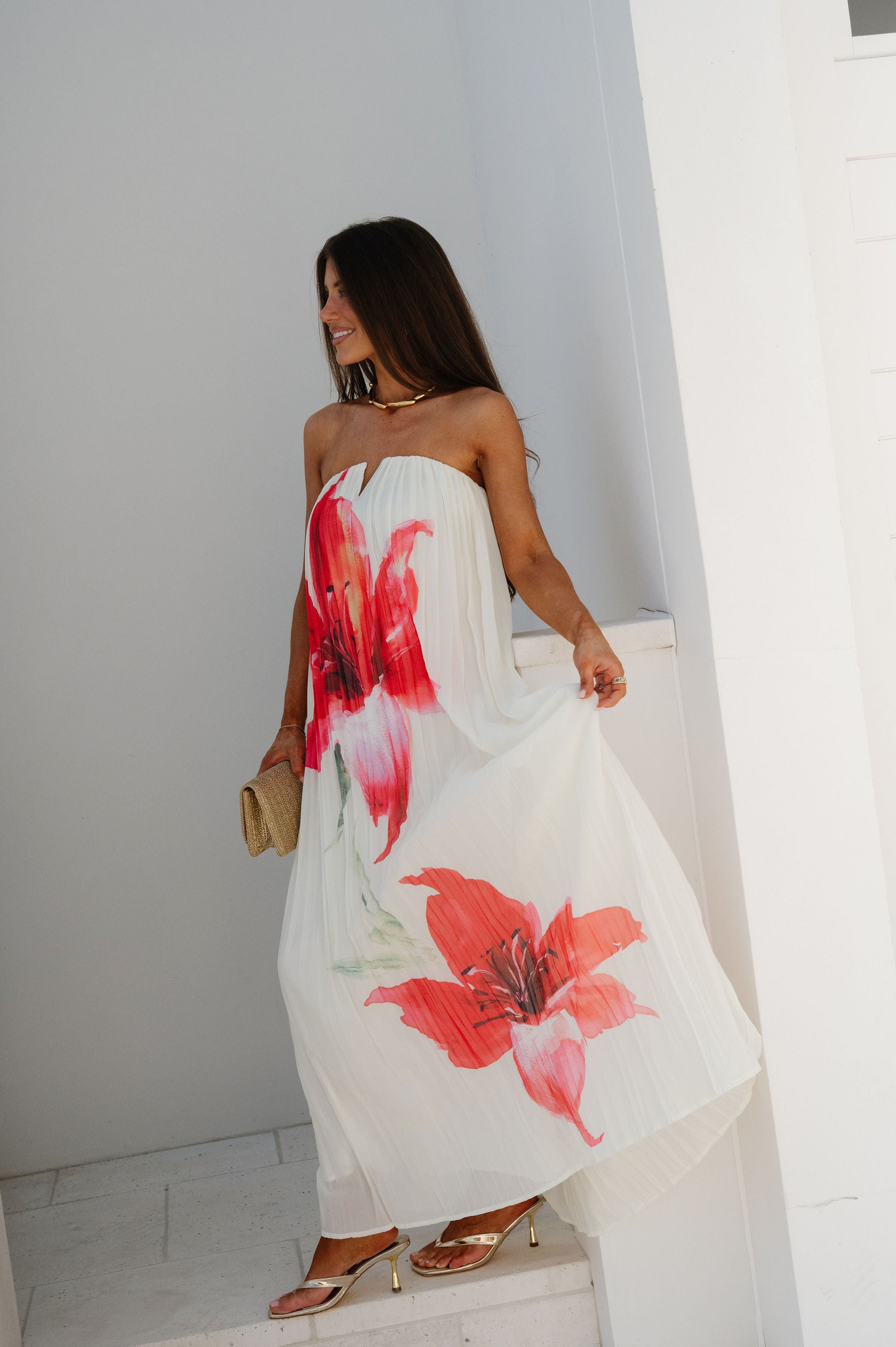 Floral Pleated Strapless Maxi Dress-Cream