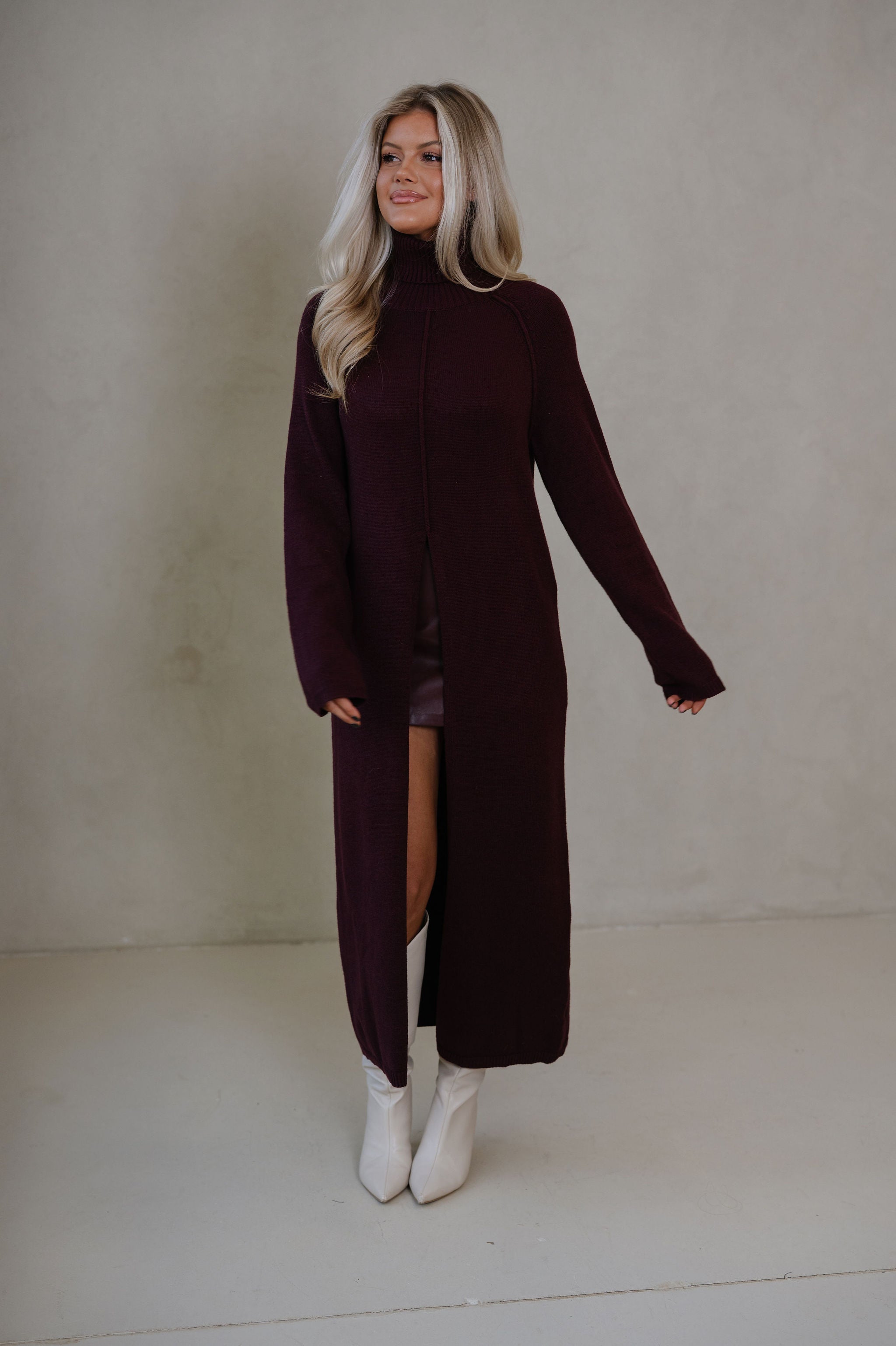 Split Hem Long Sweater-Merlot