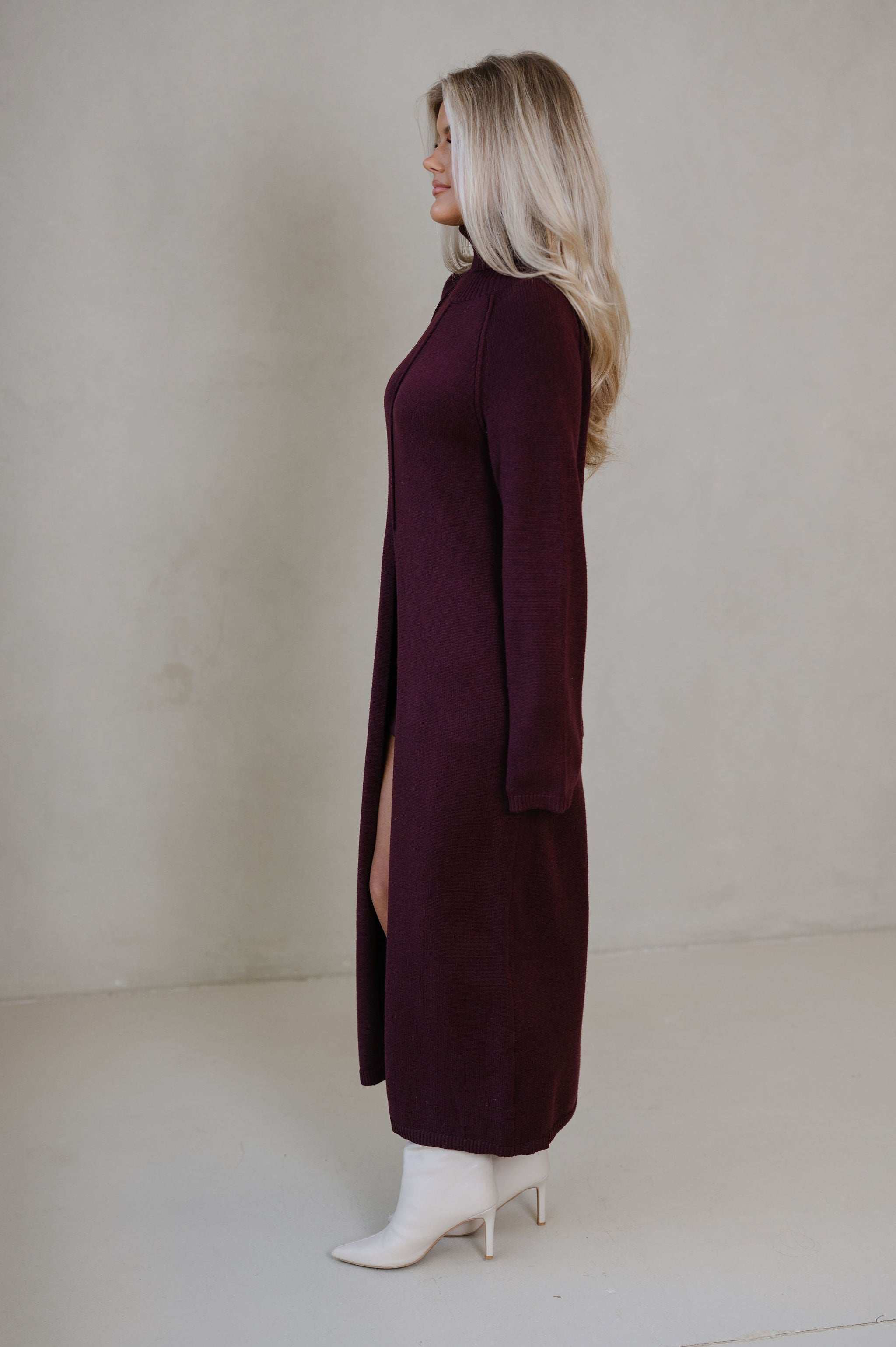 Split Hem Long Sweater-Merlot