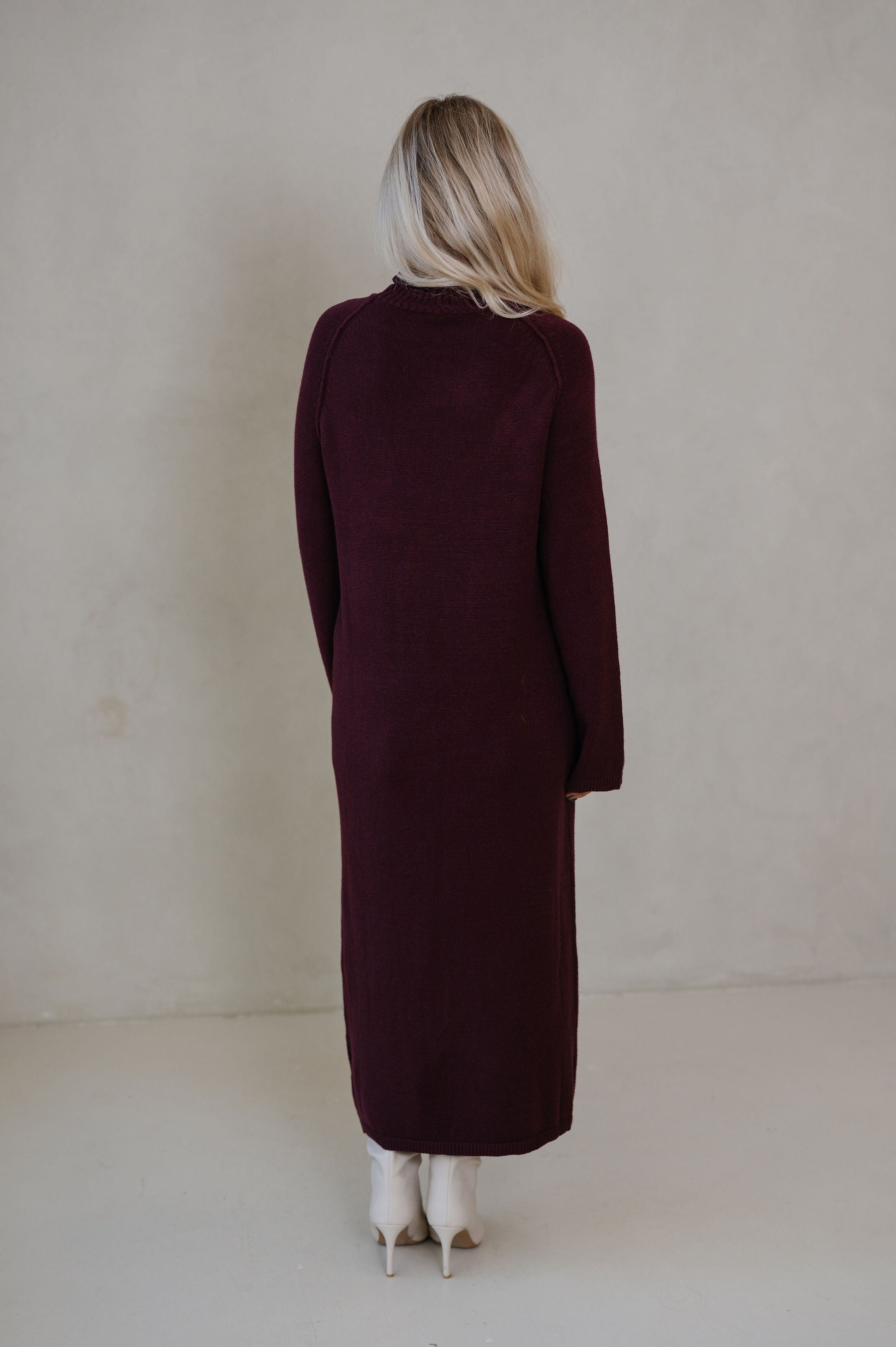 Split Hem Long Sweater-Merlot