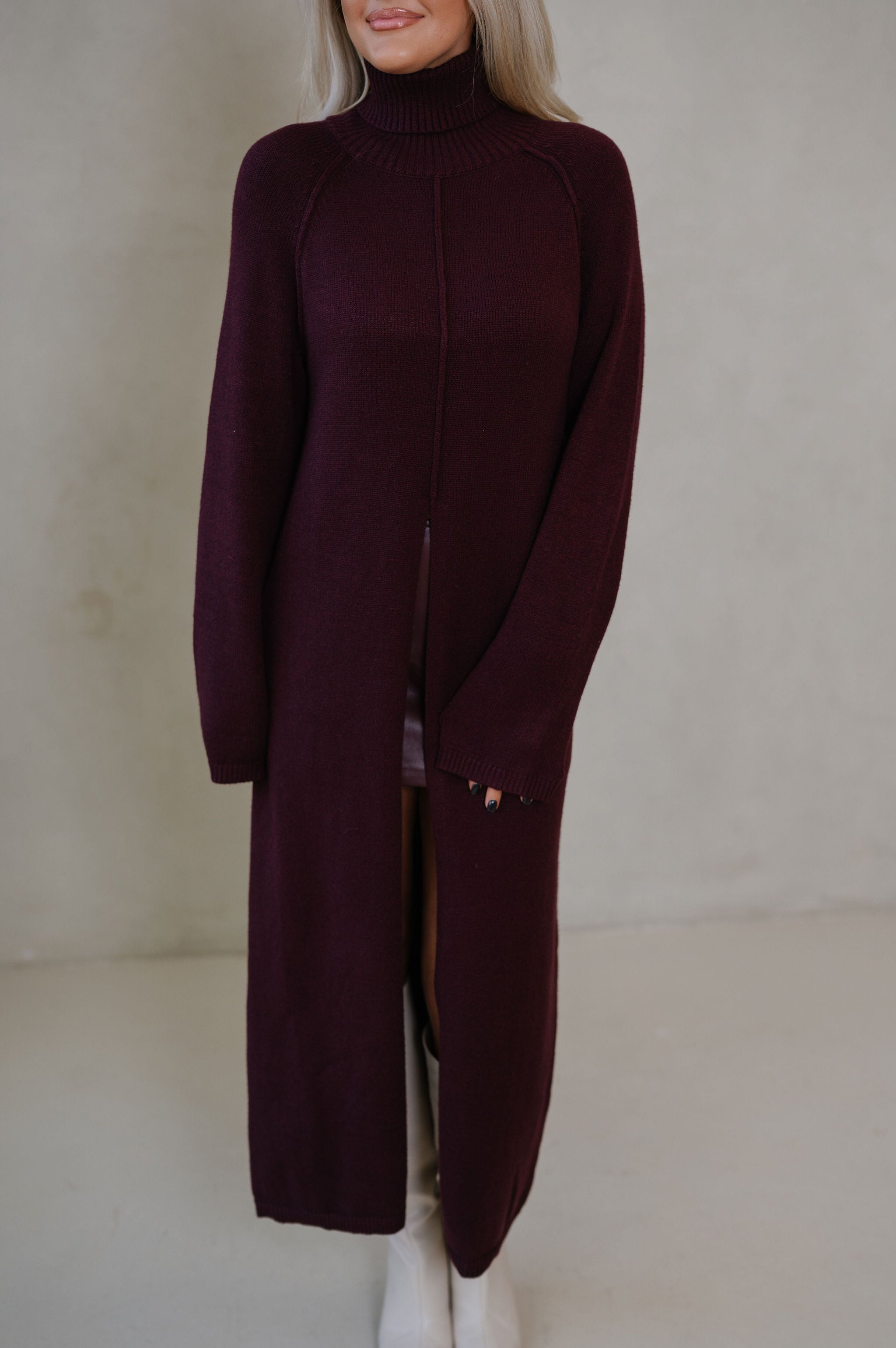 Split Hem Long Sweater-Merlot