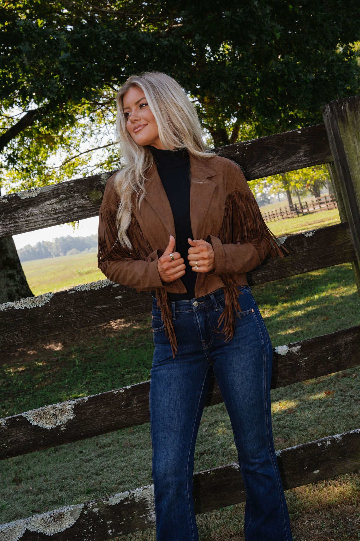 Faux Suede Fringe Cropped Jacket-Brown