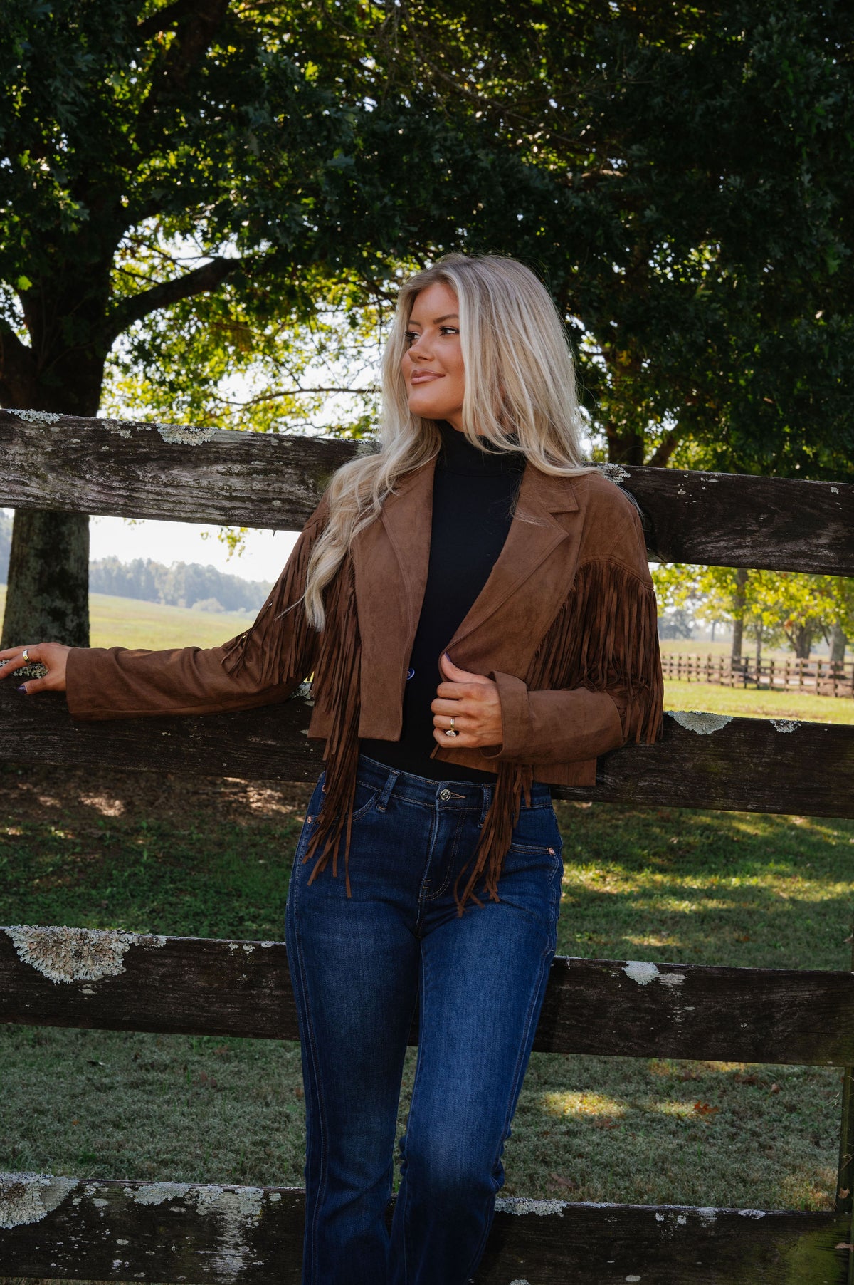 Faux Suede Fringe Cropped Jacket-Brown