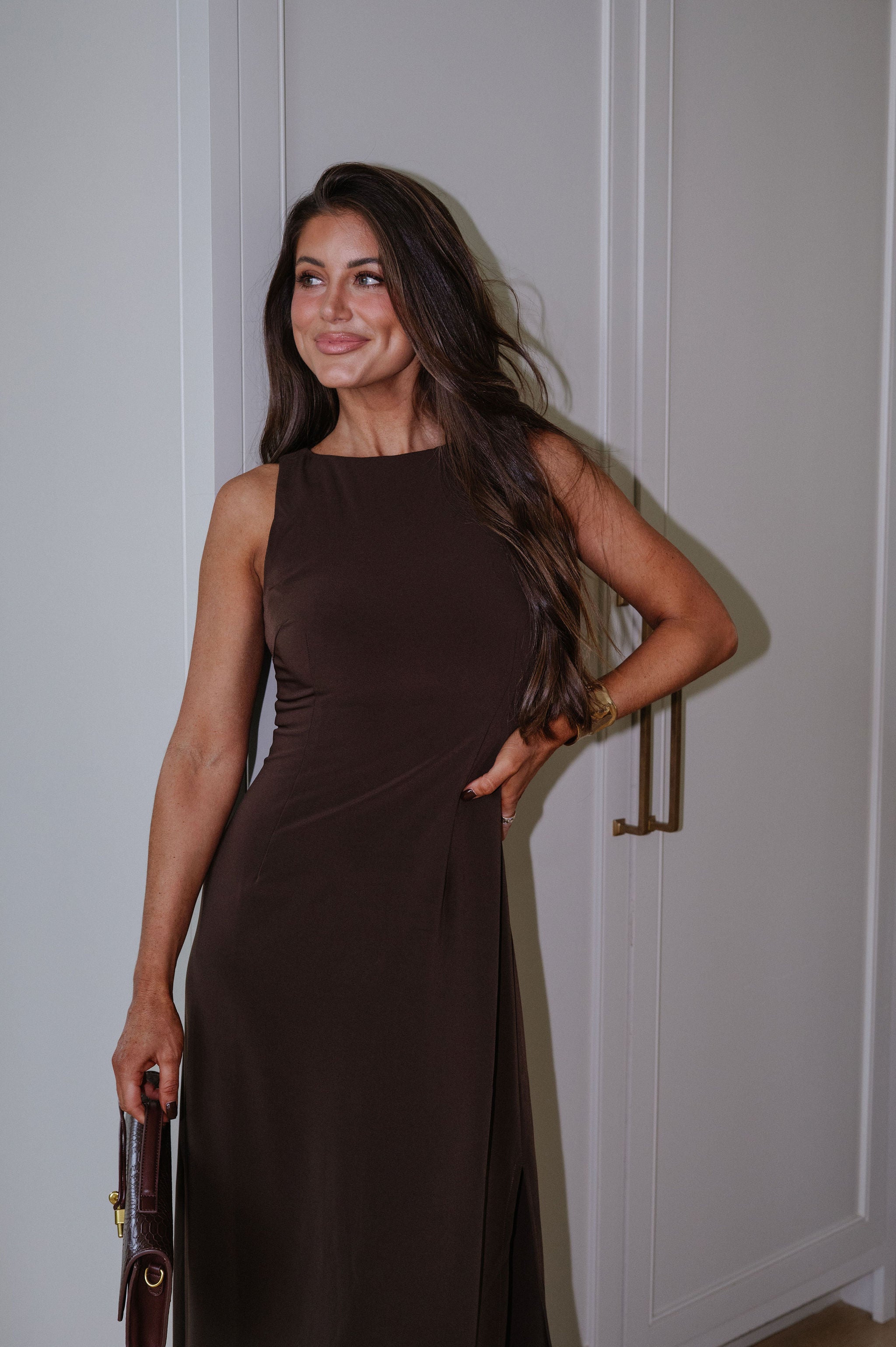 Tori Boat Neck Maxi Dress-Brown
