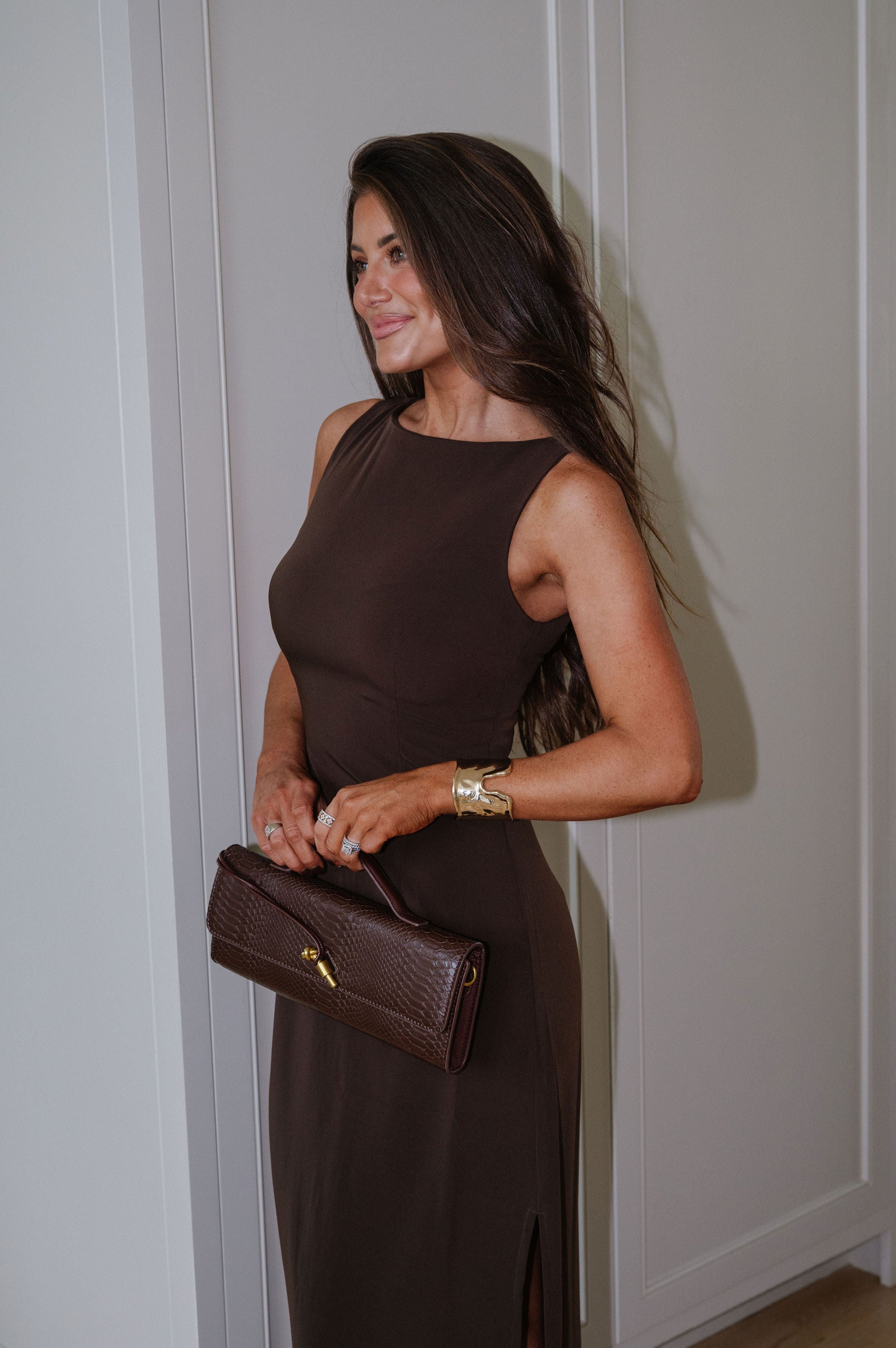 Tori Boat Neck Maxi Dress-Brown