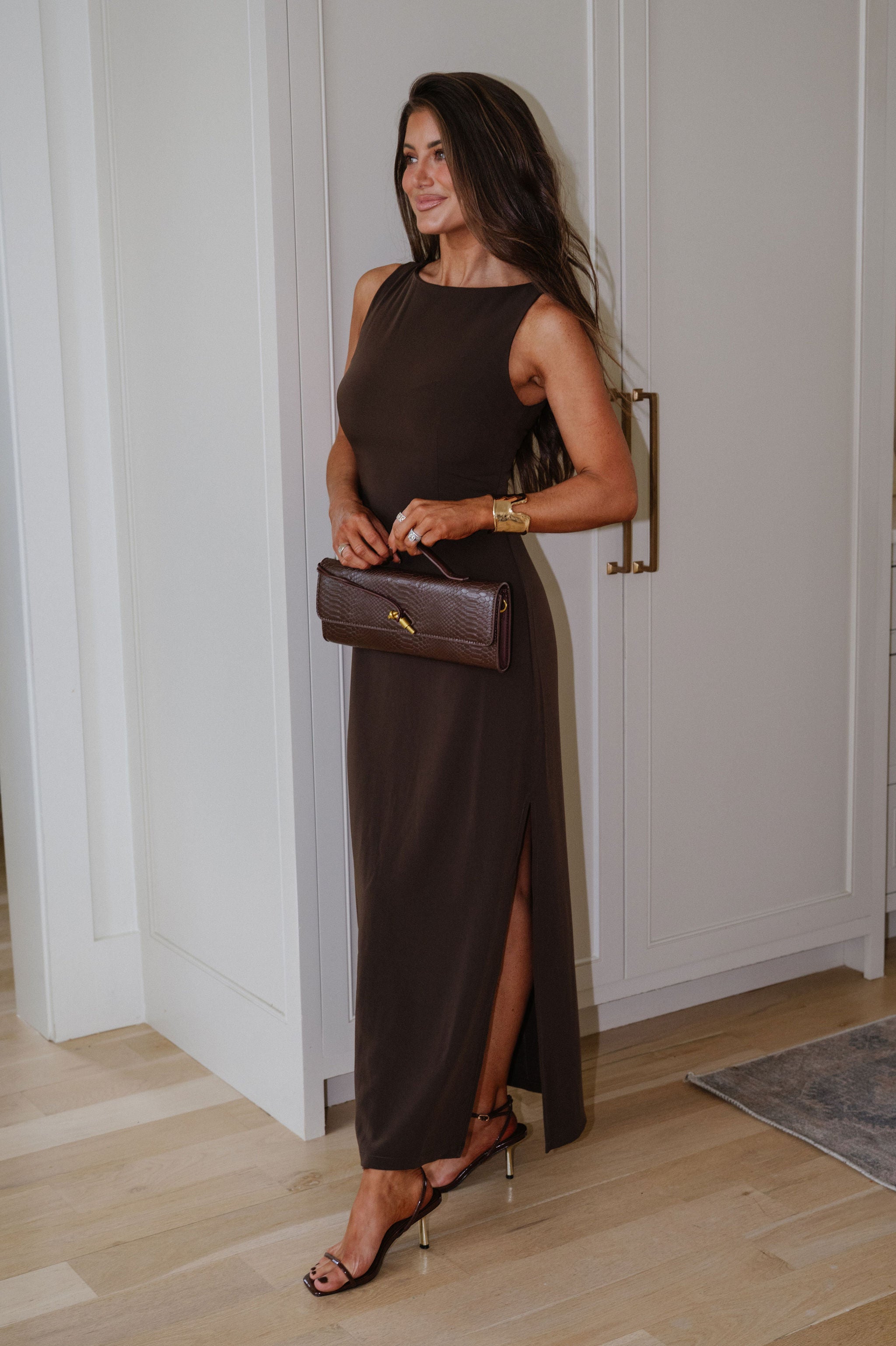 Tori Boat Neck Maxi Dress-Brown