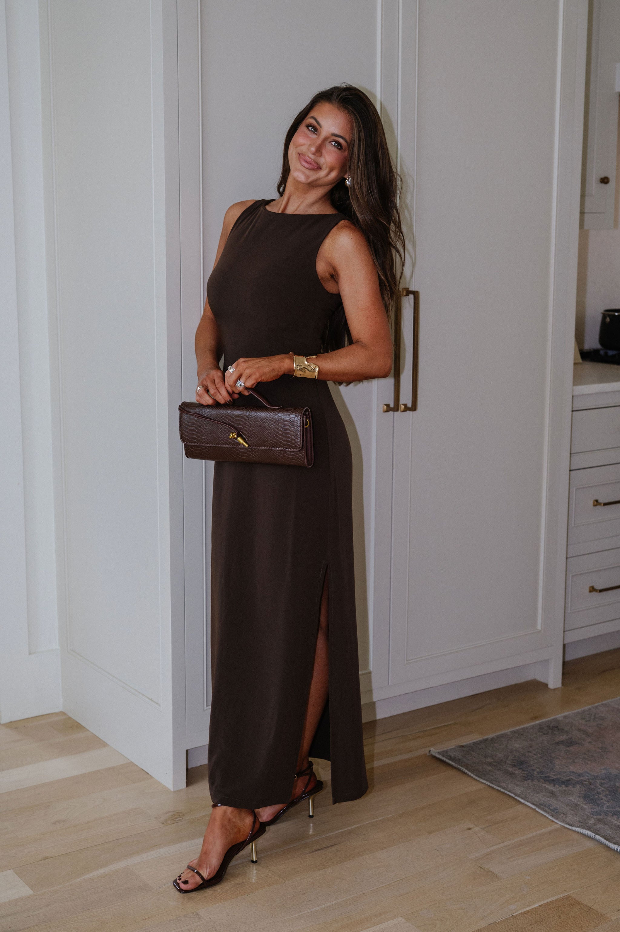 Tori Boat Neck Maxi Dress-Brown