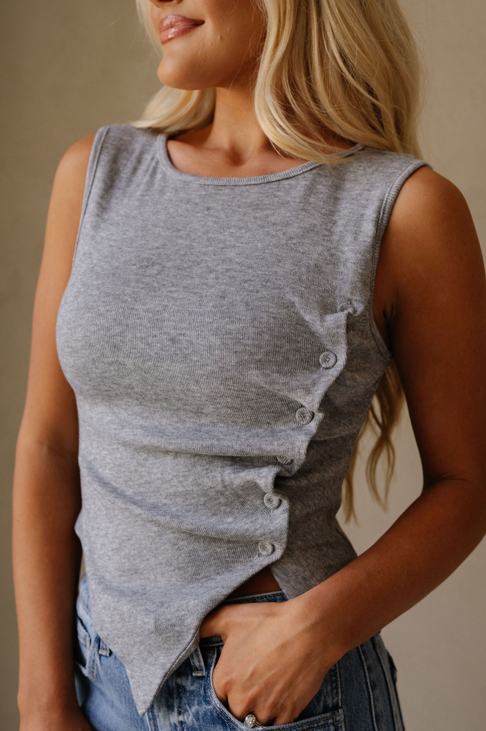 Asymmetrical Button Down Knit Tank-Grey