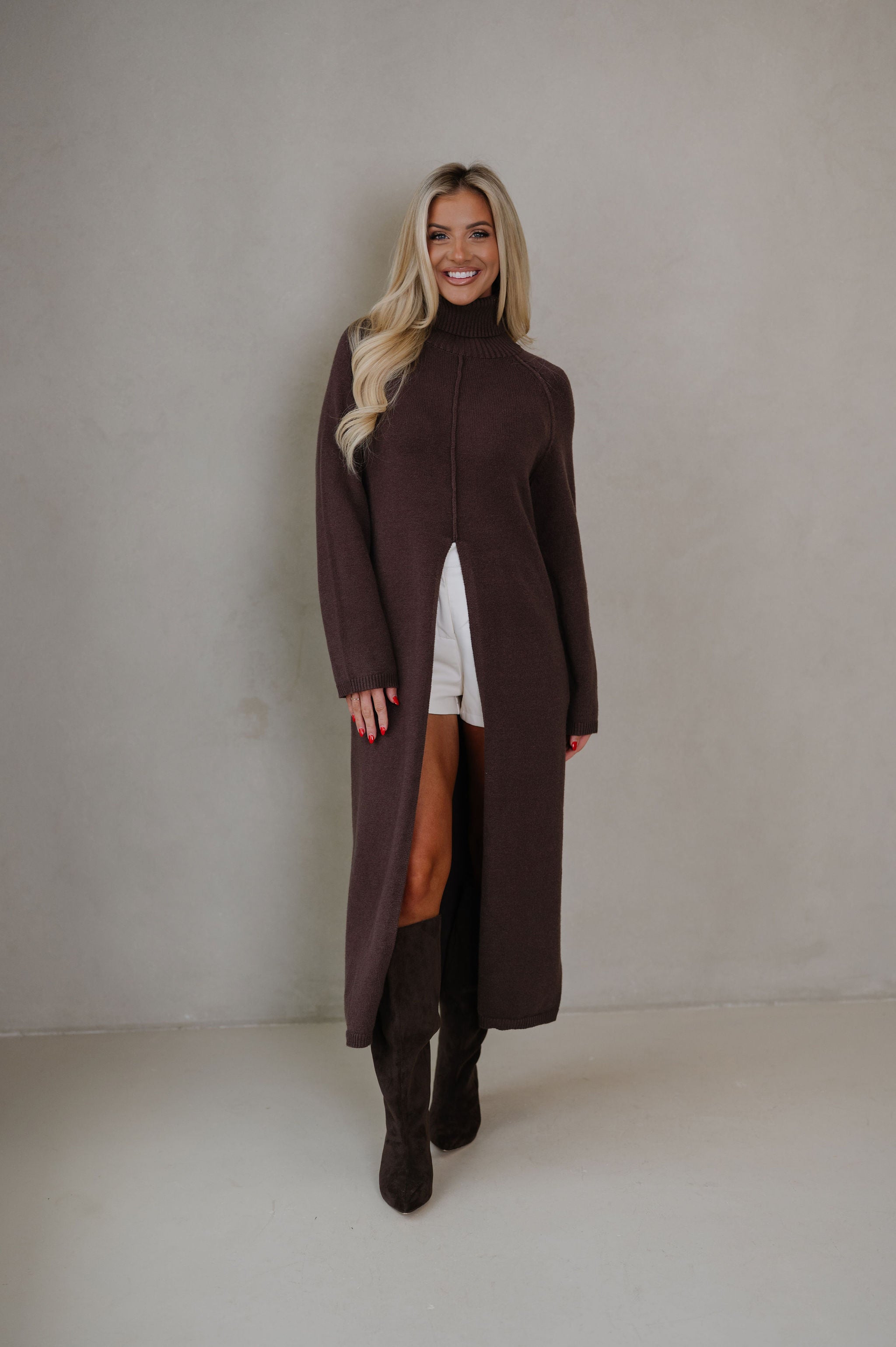 Split Hem Long Sweater-Brown