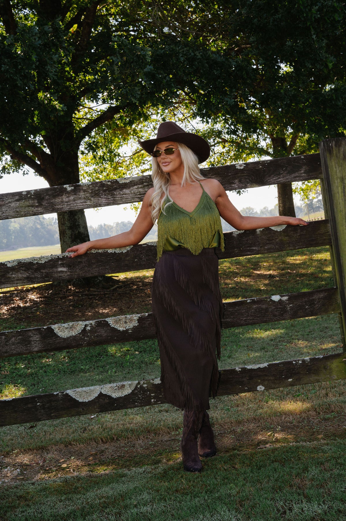 Mia Satin Fringe Top-Olive