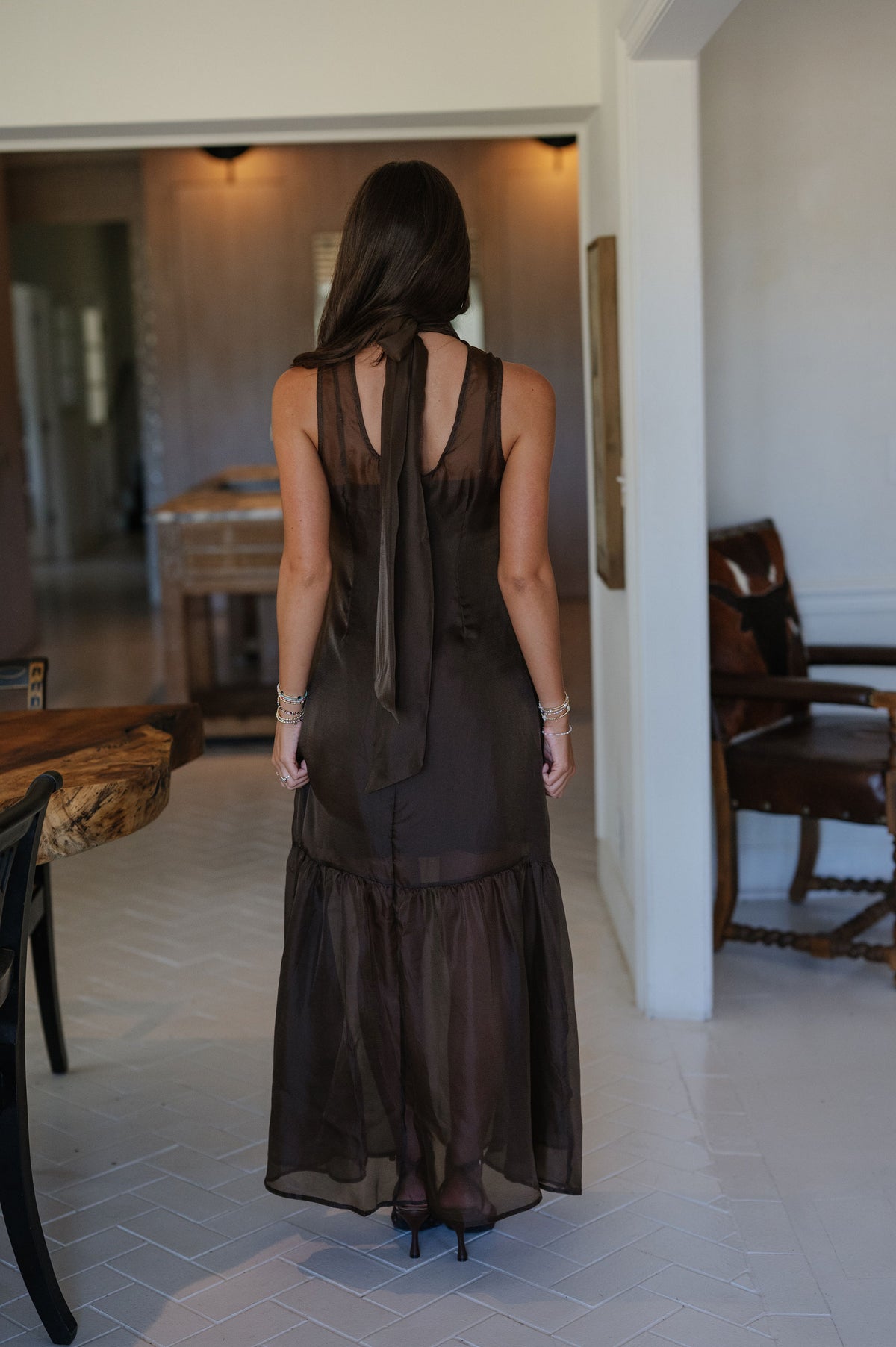 Sunnie Organza Mock Neck Maxi Dress-Brown