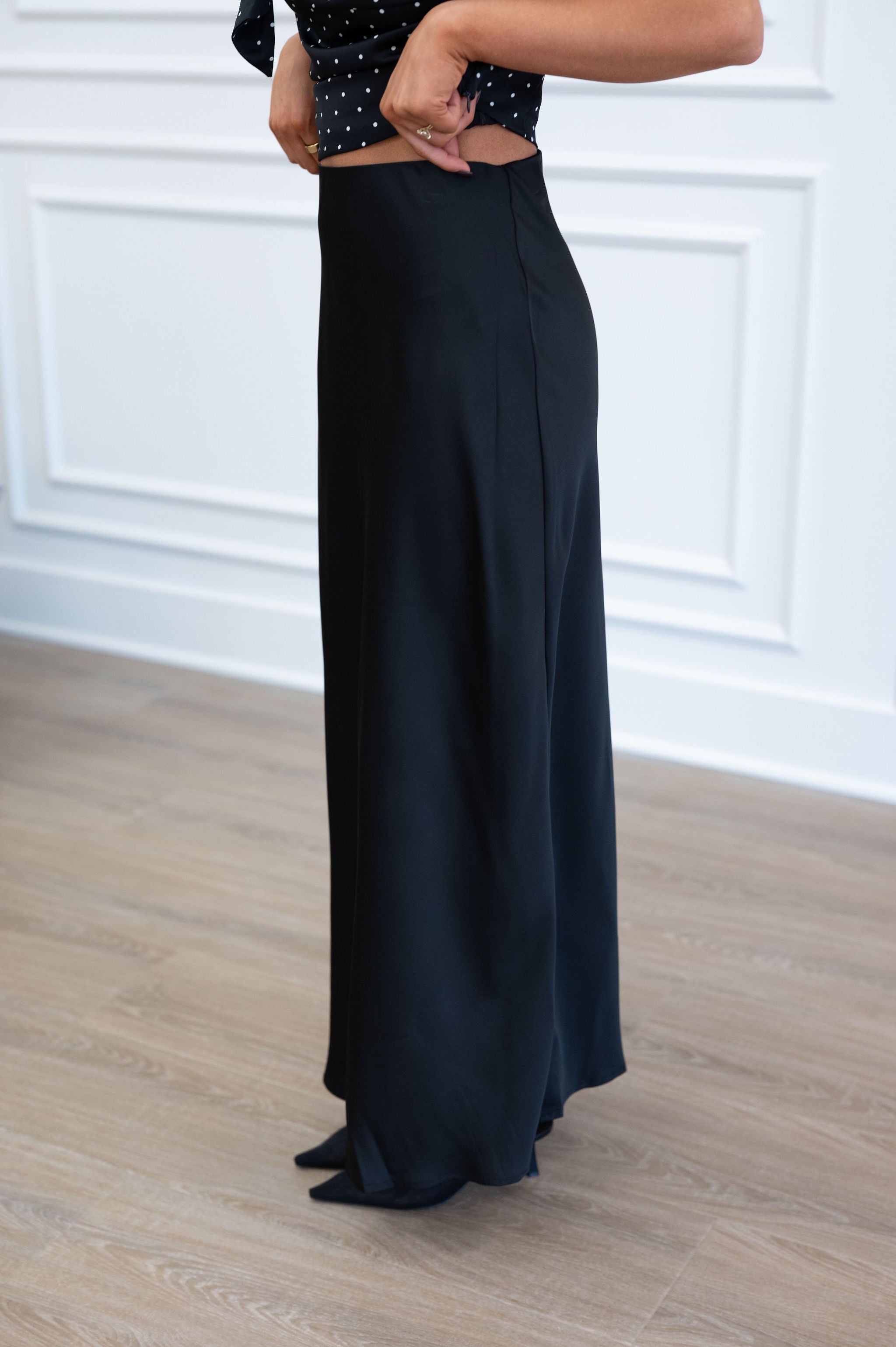 Rhea Satin Maxi Skirt-Black