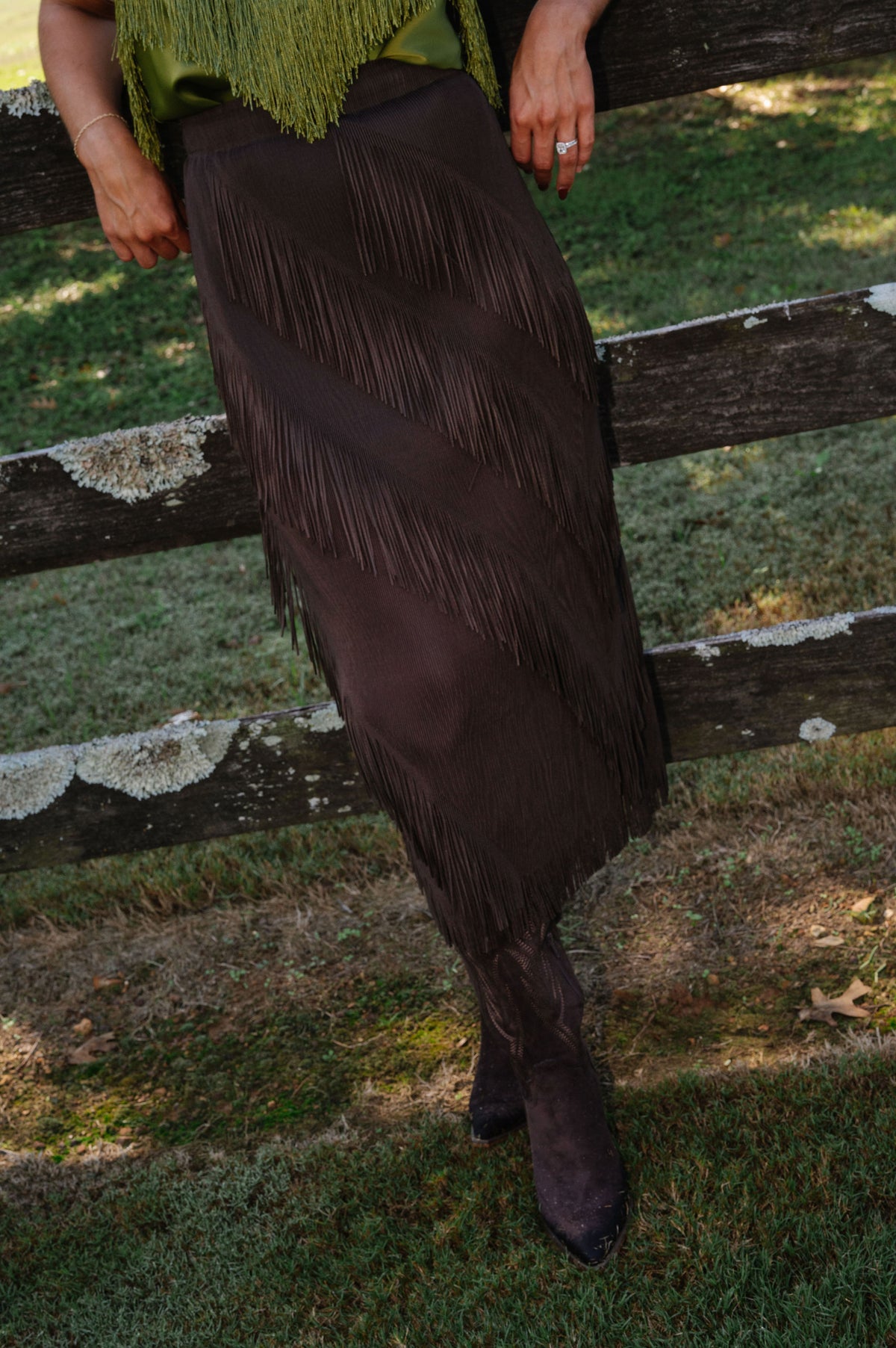 Kaylee Fringe Midi Skirt-Brown