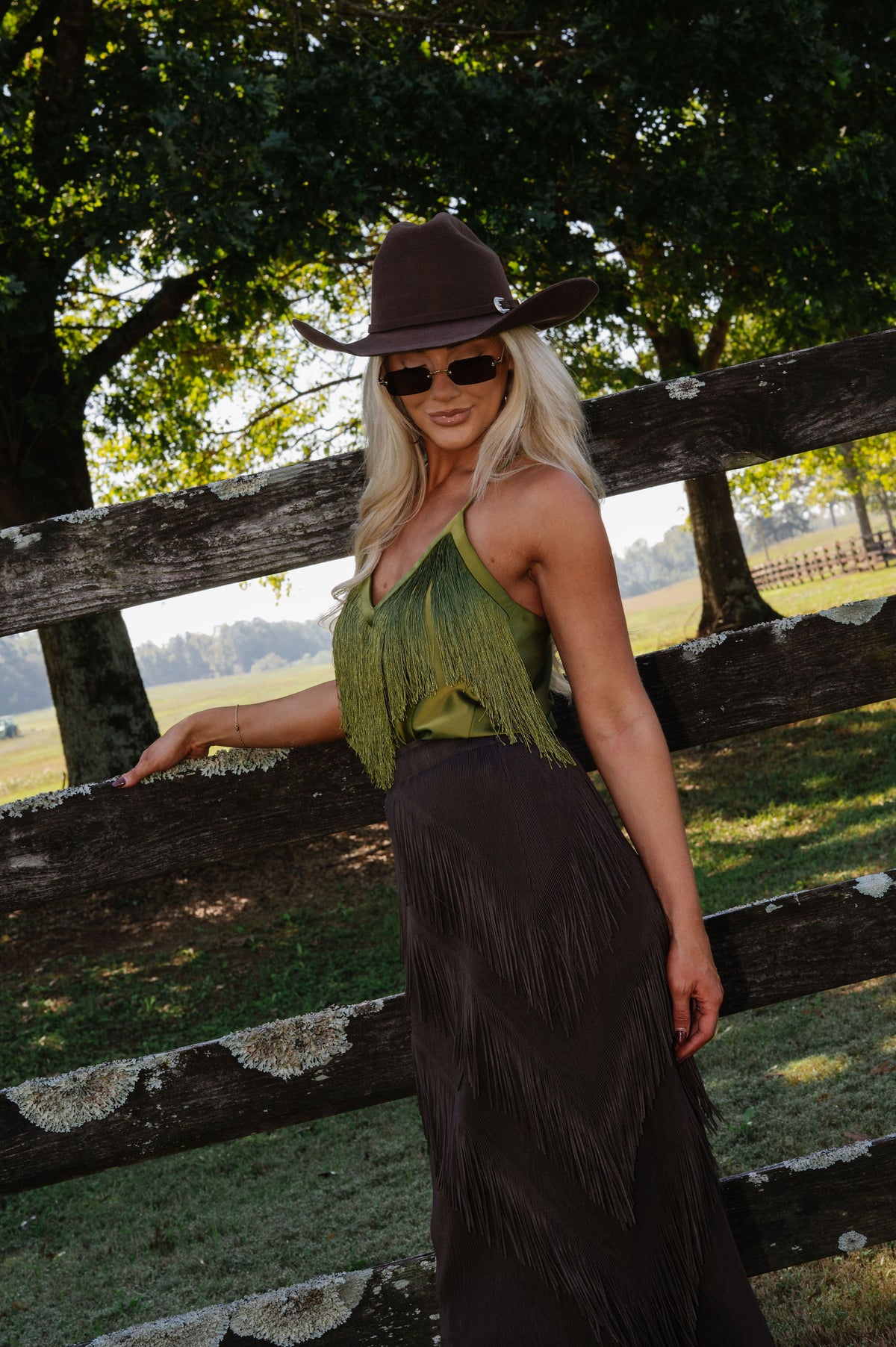 Mia Satin Fringe Top-Olive