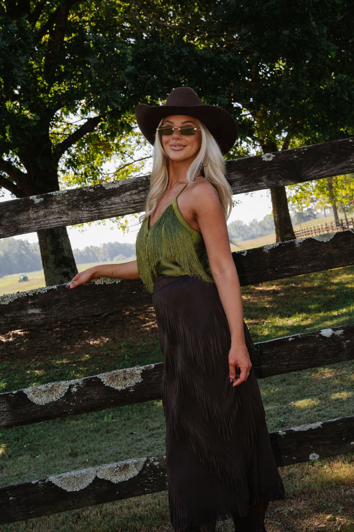 Mia Satin Fringe Top-Olive