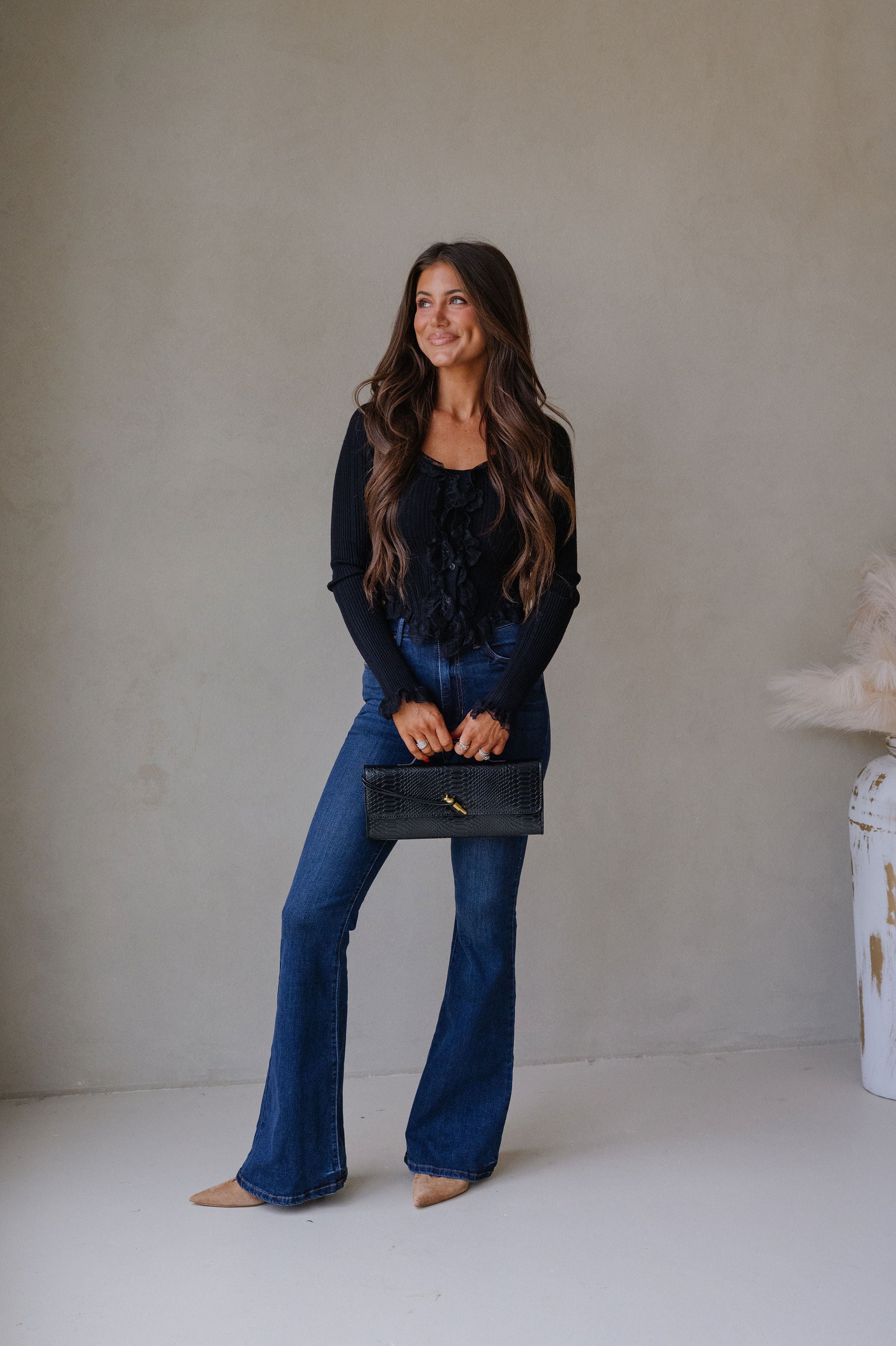 Lace Ruffled Sweater Top-Black